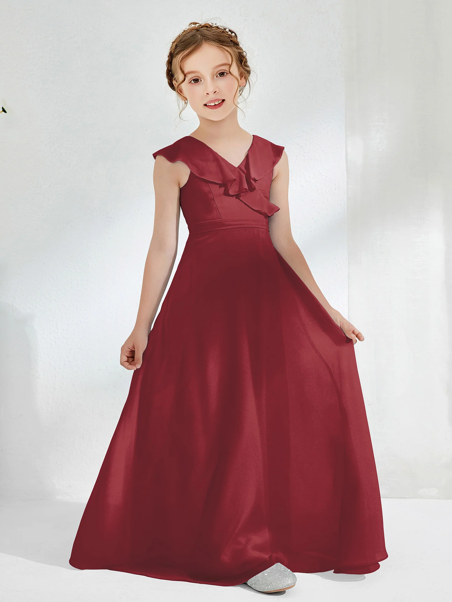 V-neck Sleeveless Junior Bridesmaid Dress With Ruffle Cinnamon Rose - Image 3