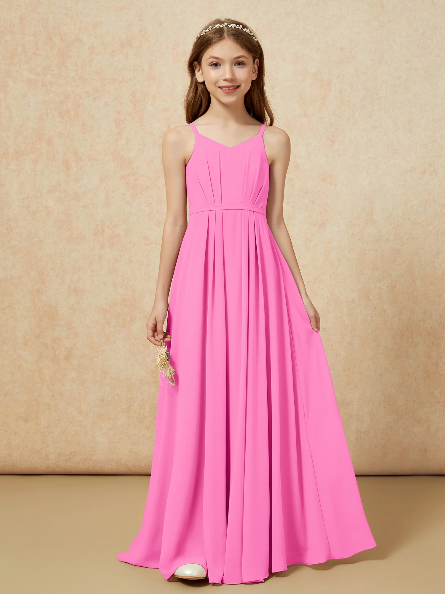 V-neck Spaghetti Straps Chiffon Junior Bridesmaid Dresses Azalea