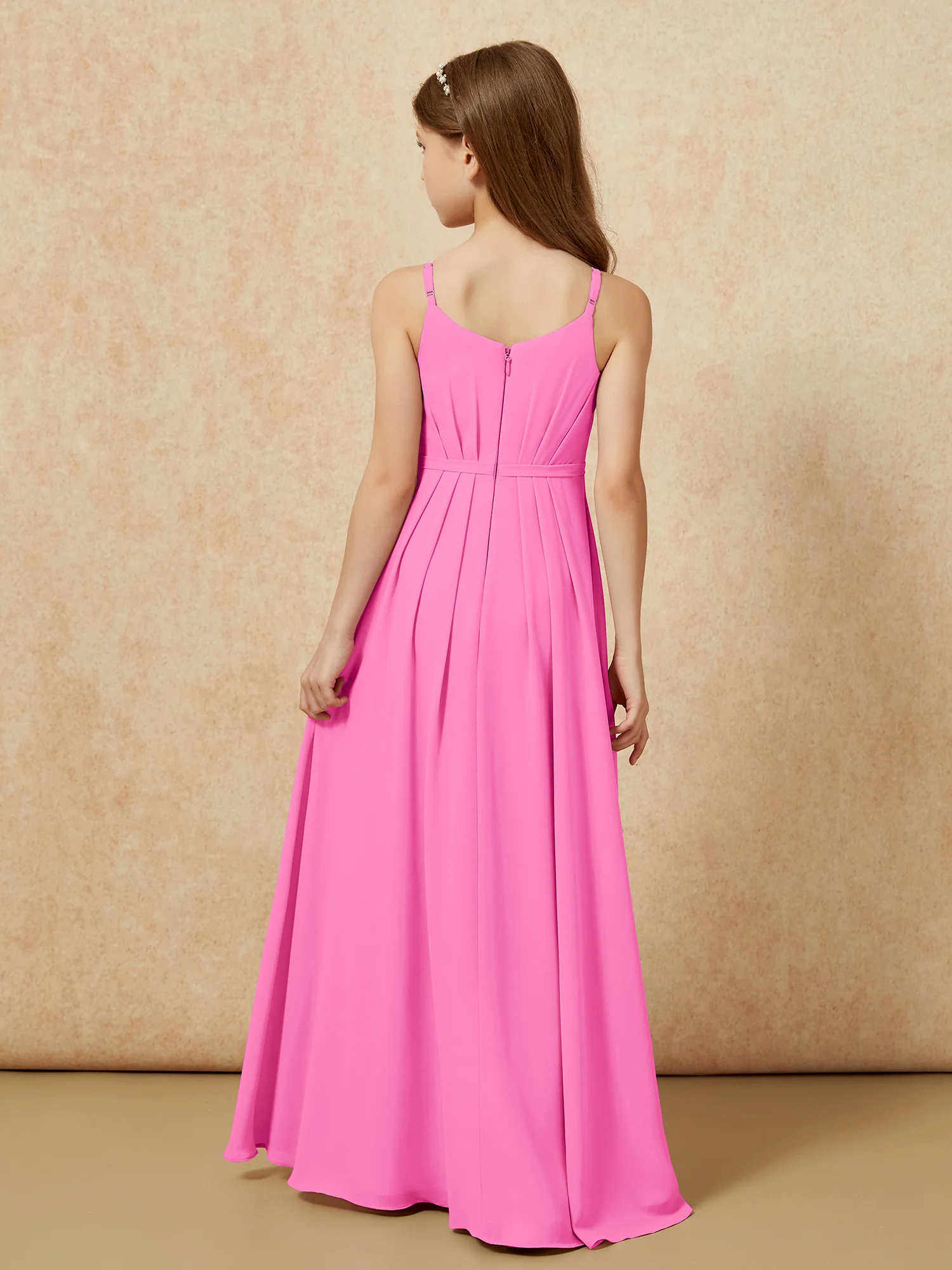 V-neck Spaghetti Straps Chiffon Junior Bridesmaid Dresses Azalea - Image 2