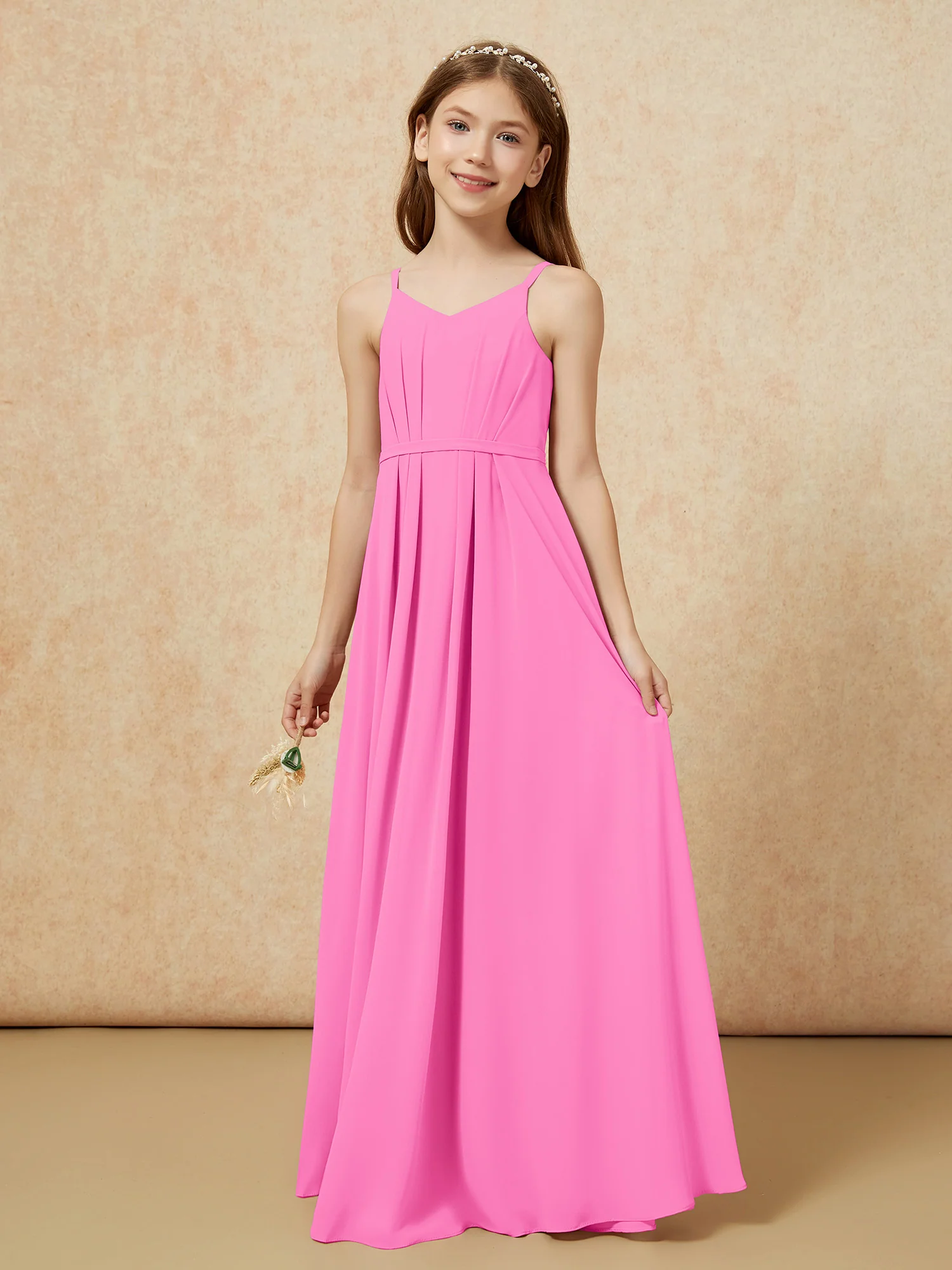 V-neck Spaghetti Straps Chiffon Junior Bridesmaid Dresses Azalea - Image 3