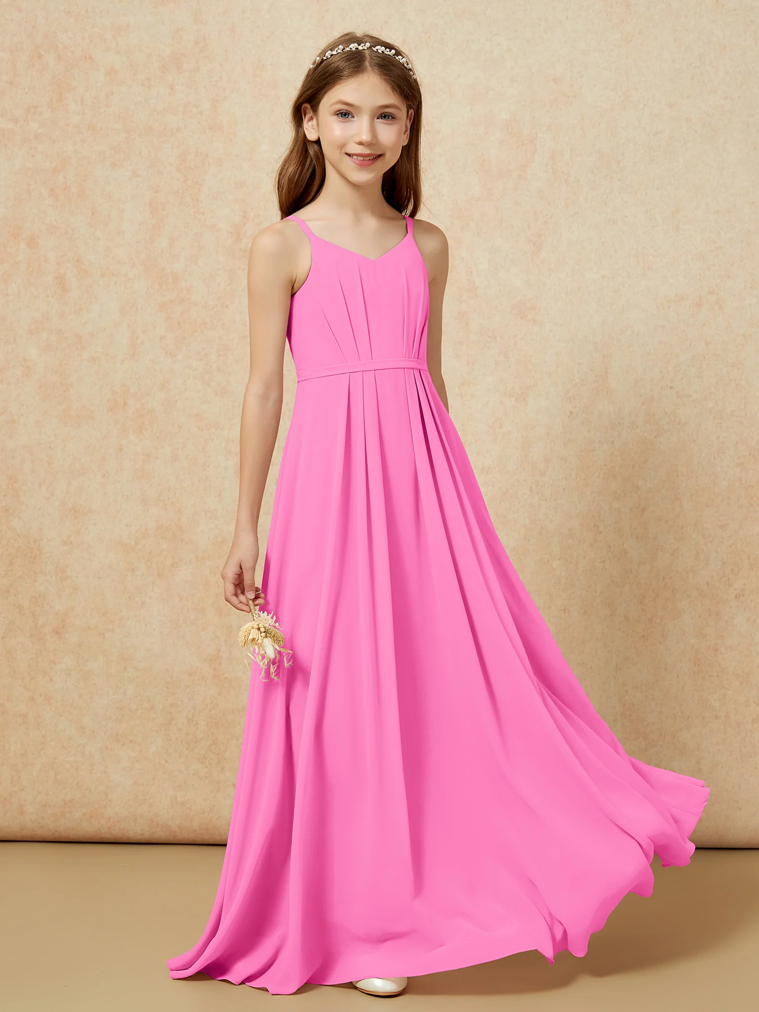 V-neck Spaghetti Straps Chiffon Junior Bridesmaid Dresses Azalea - Image 5