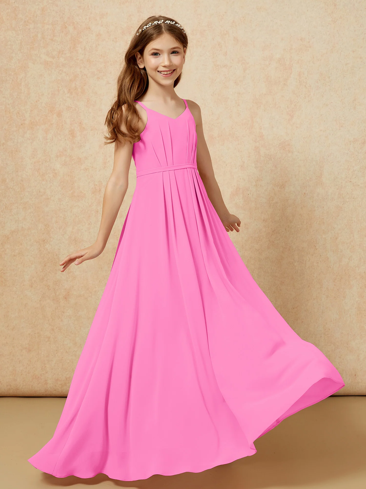 V-neck Spaghetti Straps Chiffon Junior Bridesmaid Dresses Azalea - Image 6