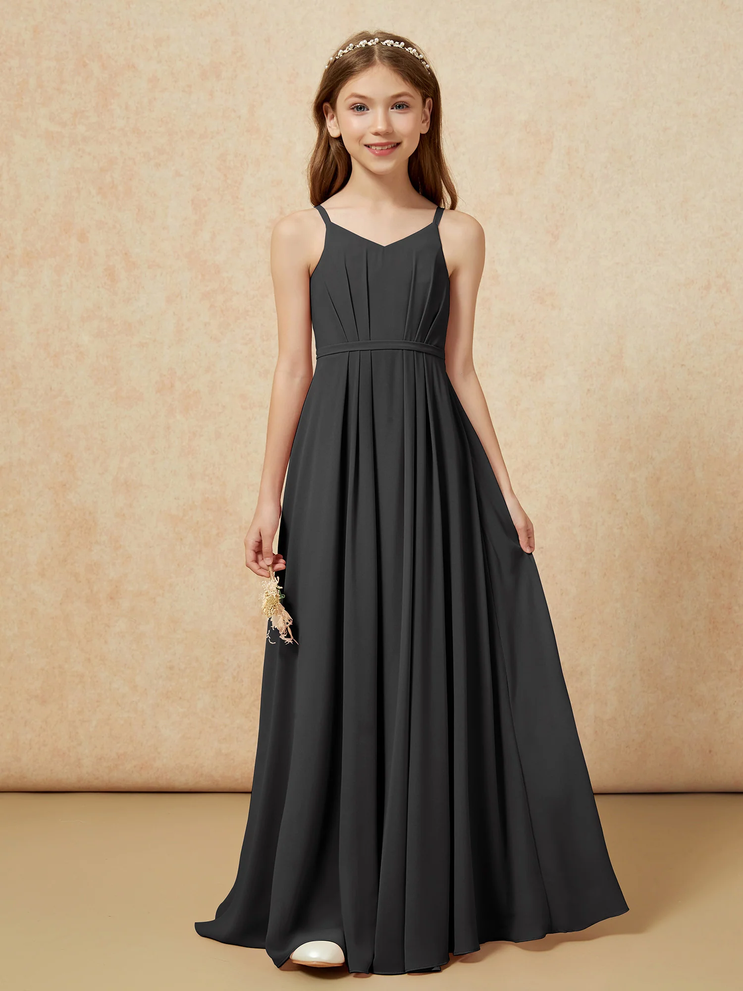 V-neck Spaghetti Straps Chiffon Junior Bridesmaid Dresses Black