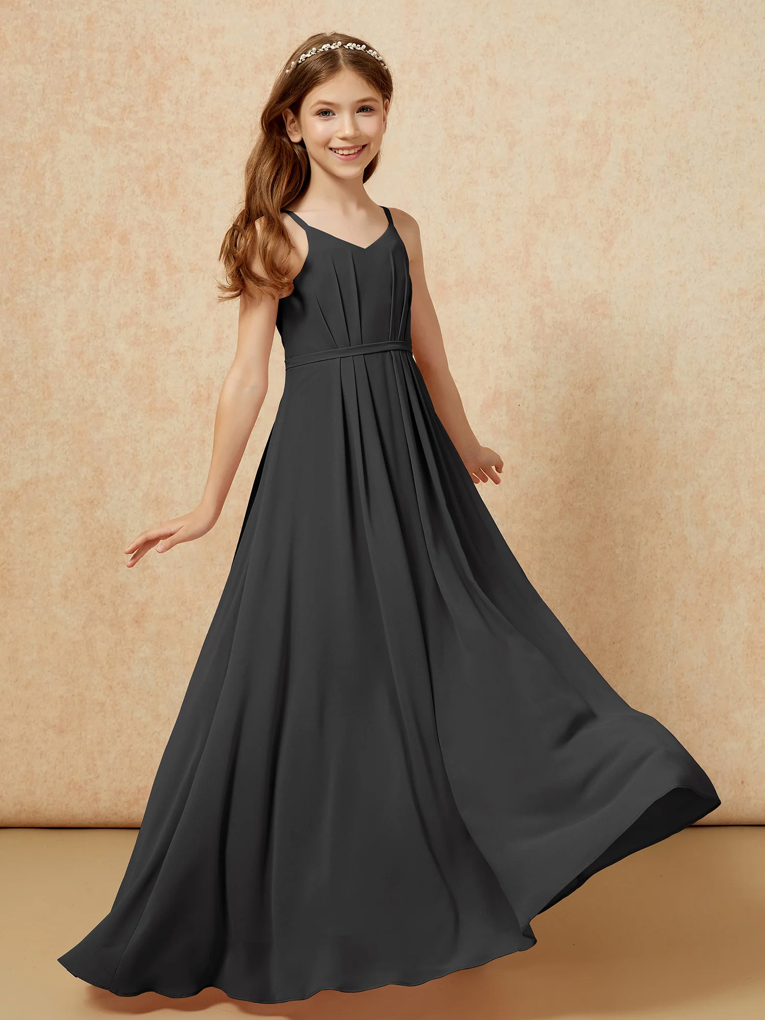 V-neck Spaghetti Straps Chiffon Junior Bridesmaid Dresses Black - Image 6