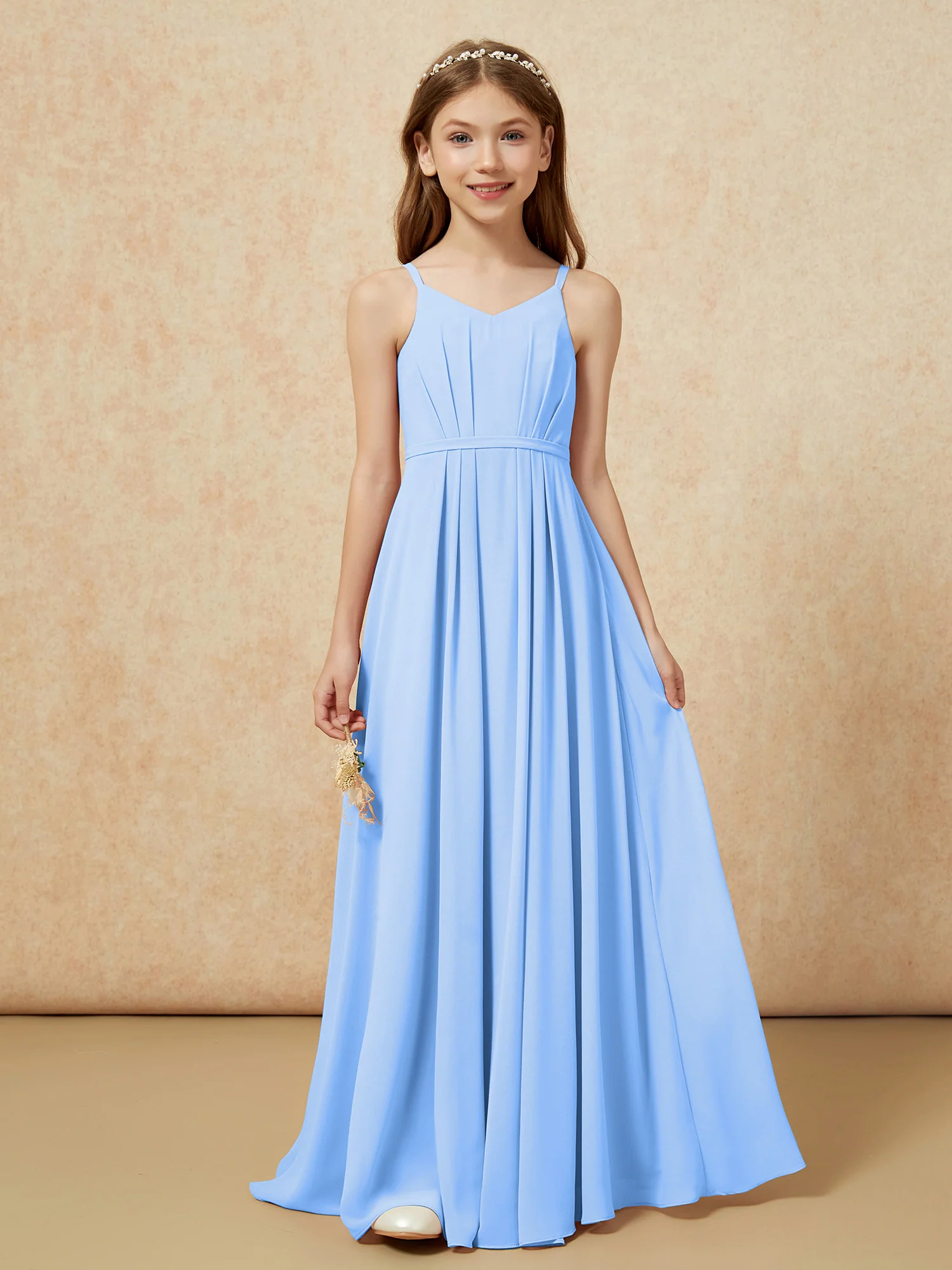 V-neck Spaghetti Straps Chiffon Junior Bridesmaid Dresses Blue