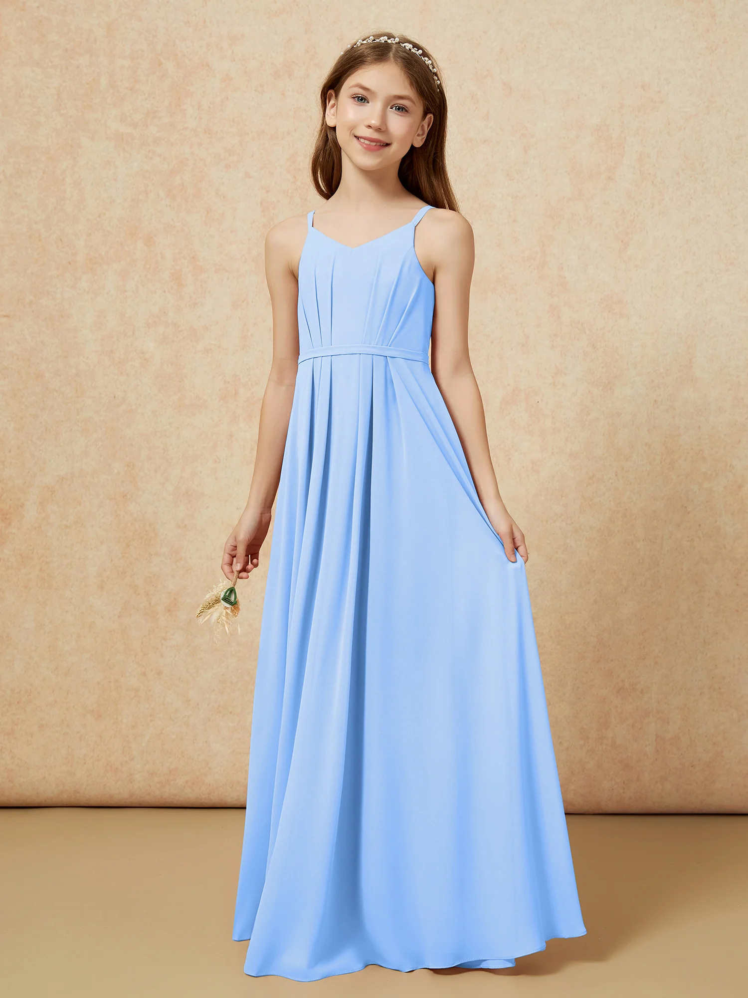 V-neck Spaghetti Straps Chiffon Junior Bridesmaid Dresses Blue - Image 3