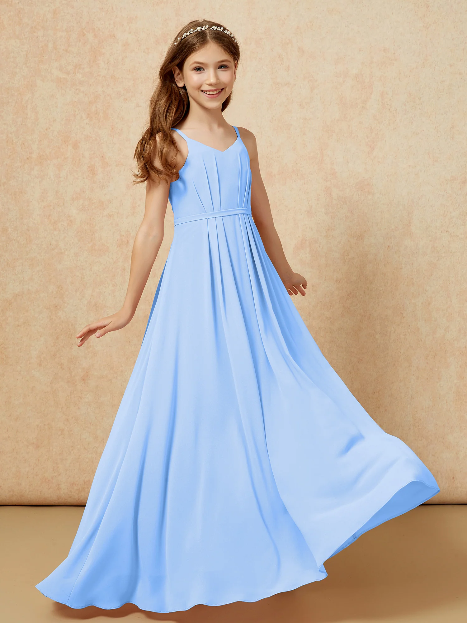 V-neck Spaghetti Straps Chiffon Junior Bridesmaid Dresses Blue - Image 6