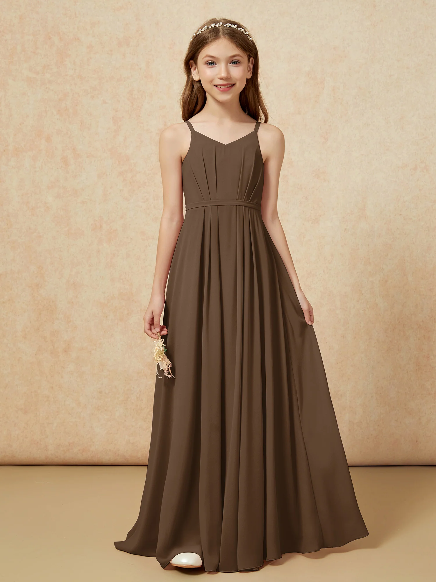 V-neck Spaghetti Straps Chiffon Junior Bridesmaid Dresses Brown