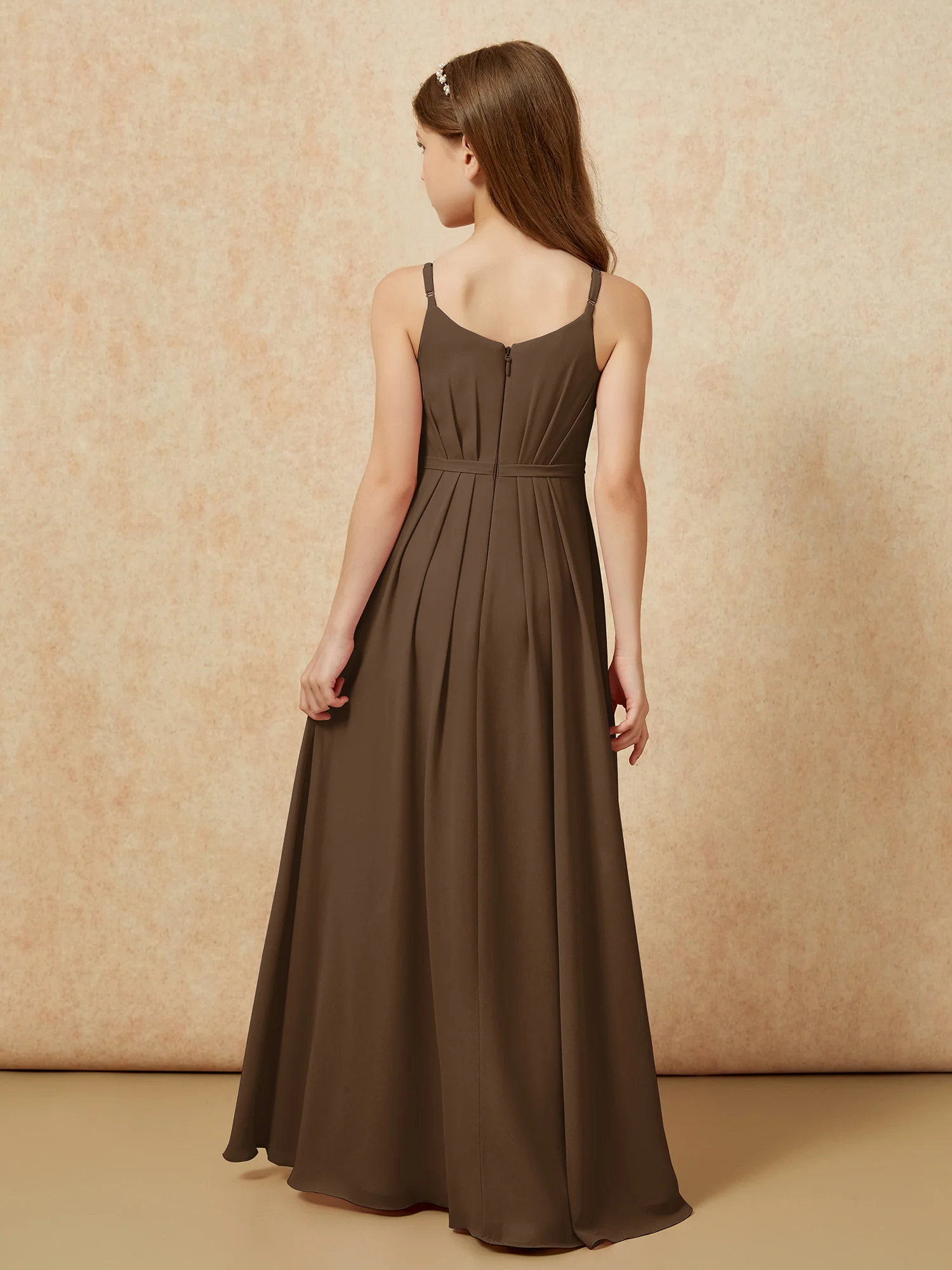 V-neck Spaghetti Straps Chiffon Junior Bridesmaid Dresses Brown - Image 2