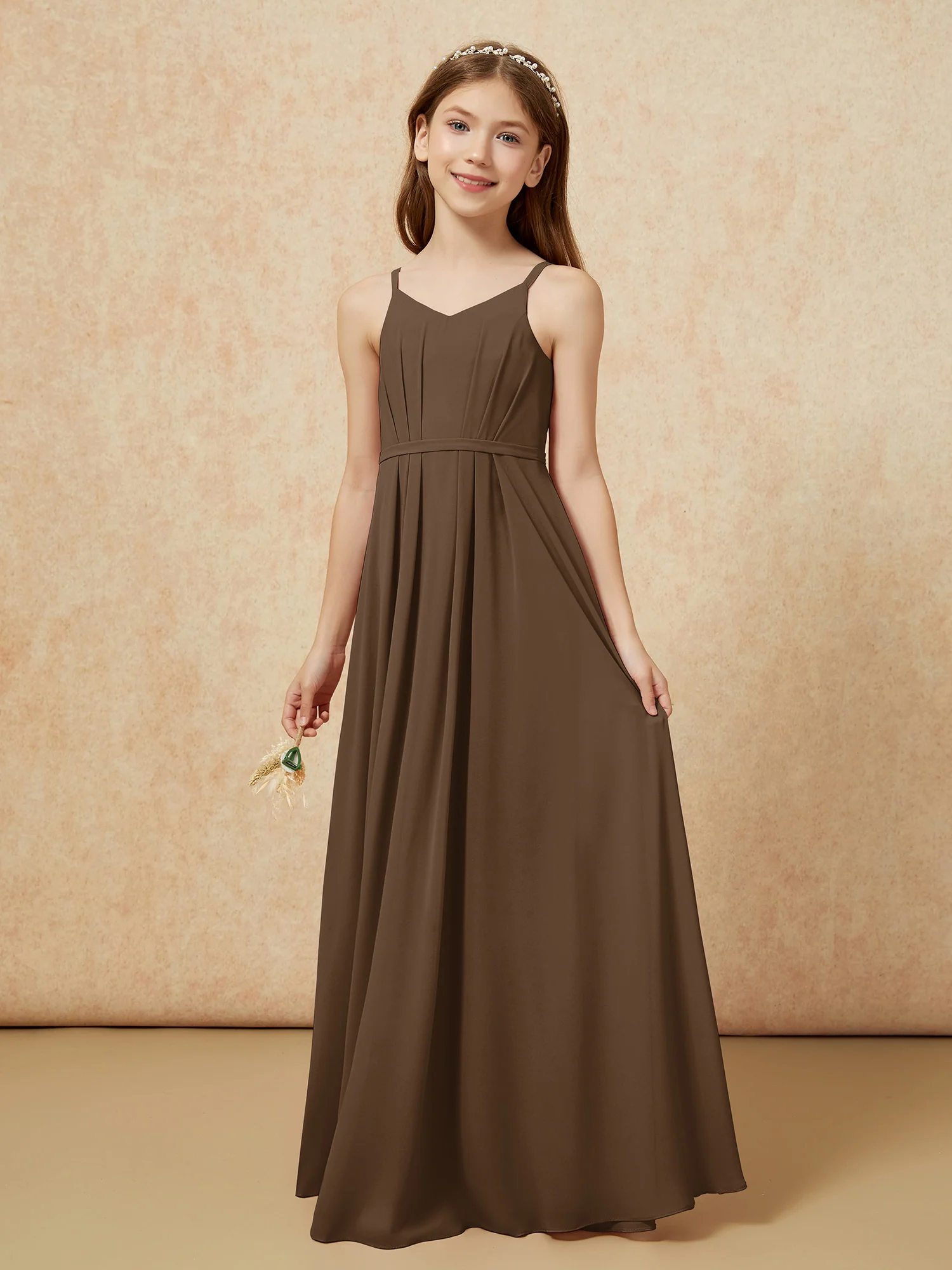 V-neck Spaghetti Straps Chiffon Junior Bridesmaid Dresses Brown - Image 3