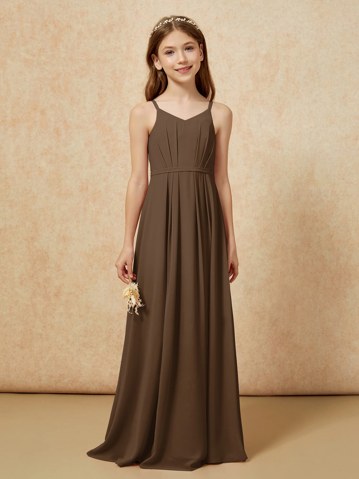 V-neck Spaghetti Straps Chiffon Junior Bridesmaid Dresses Brown - Image 4