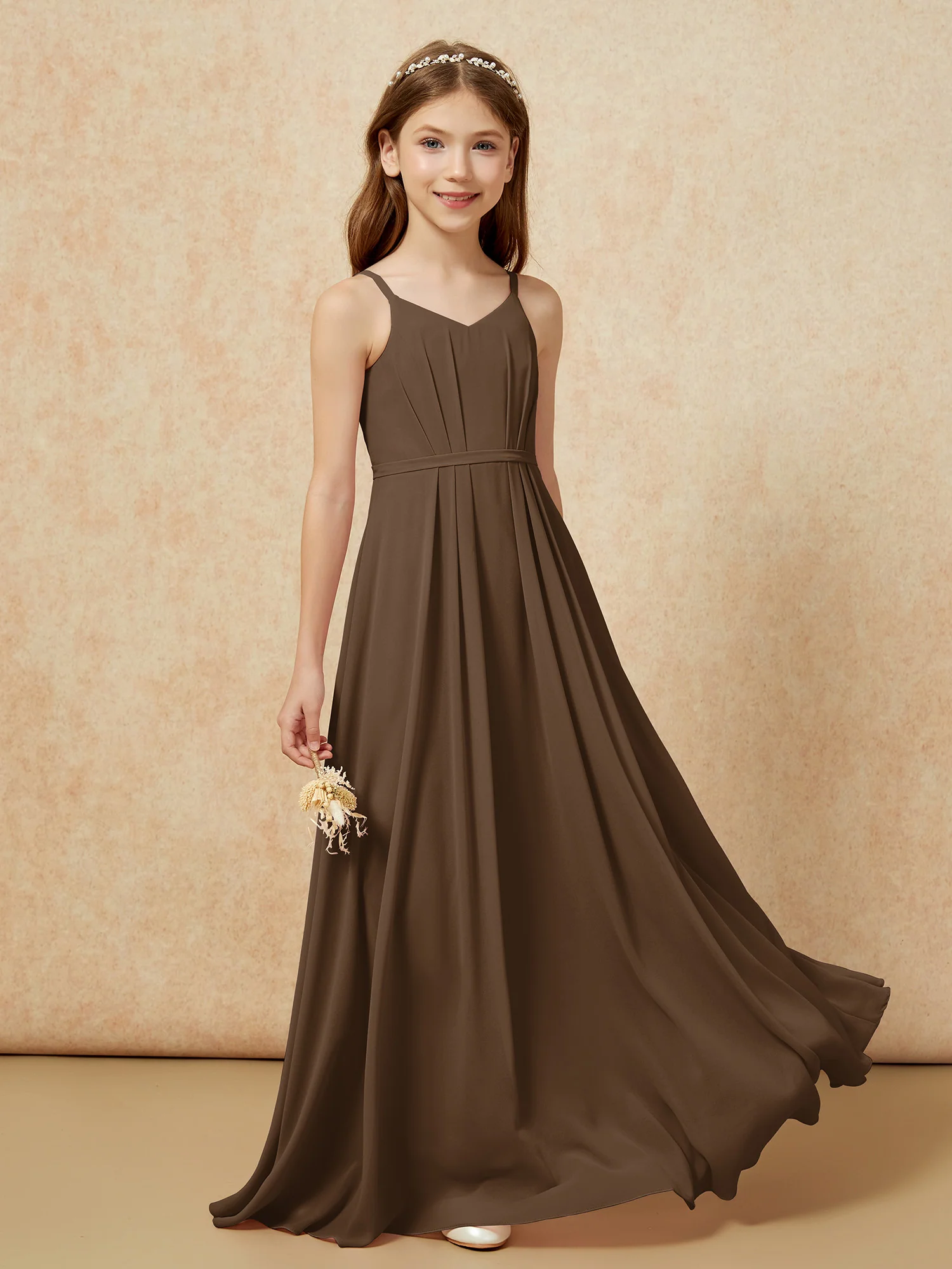 V-neck Spaghetti Straps Chiffon Junior Bridesmaid Dresses Brown - Image 5