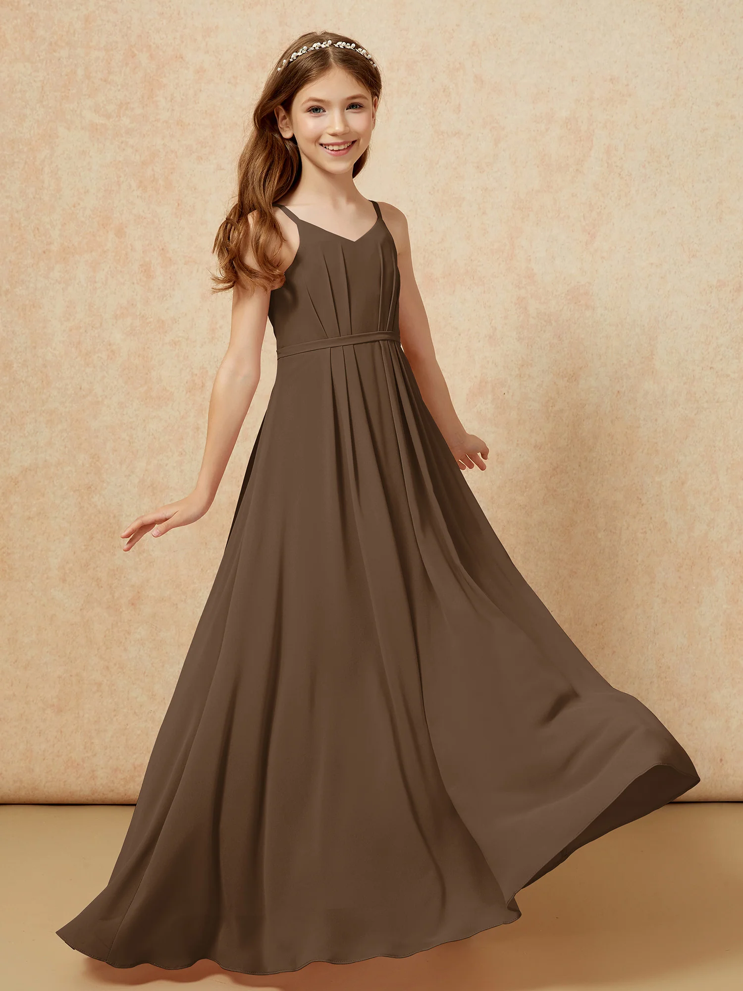 V-neck Spaghetti Straps Chiffon Junior Bridesmaid Dresses Brown - Image 6
