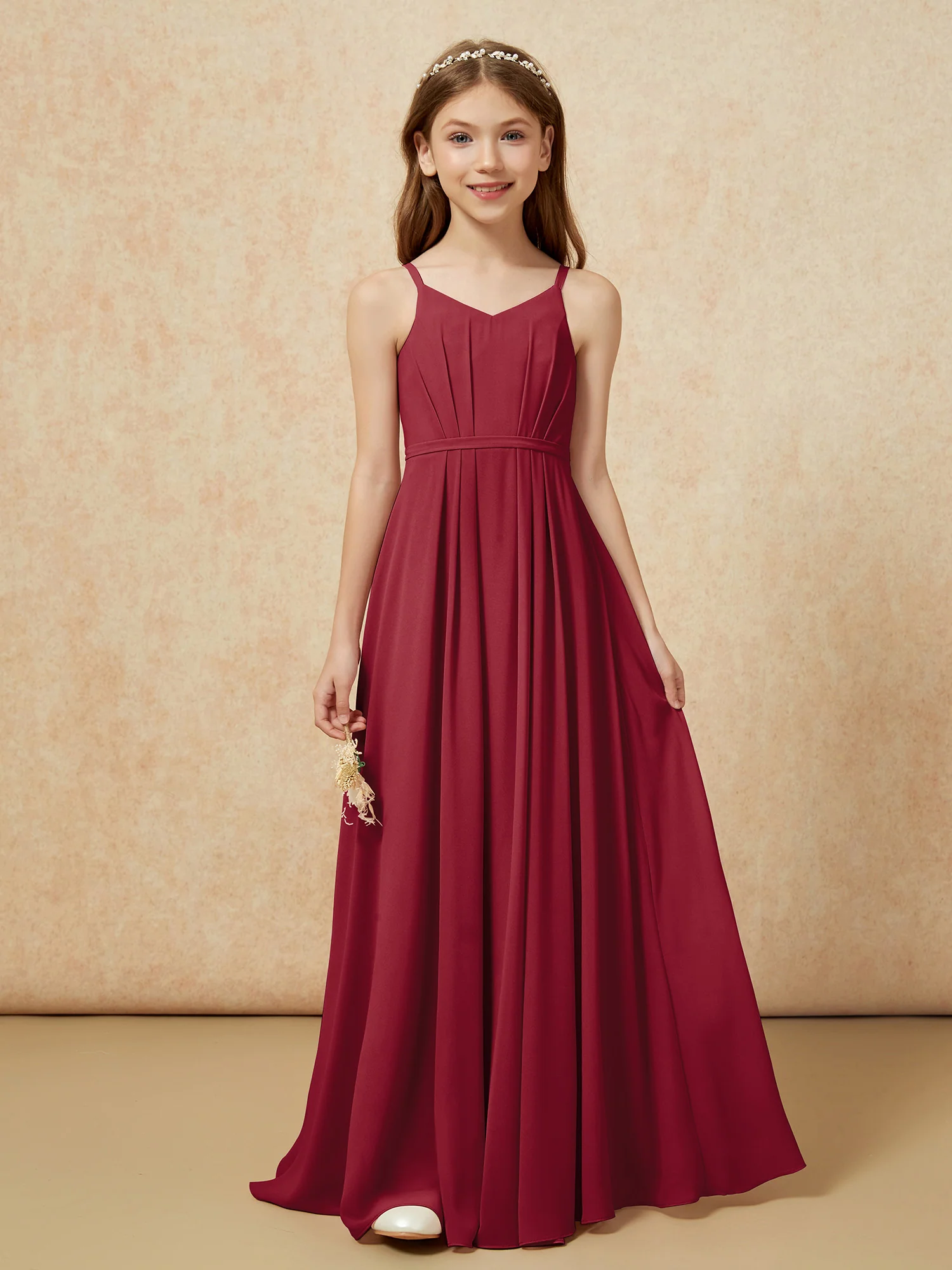 V-neck Spaghetti Straps Chiffon Junior Bridesmaid Dresses Burgundy