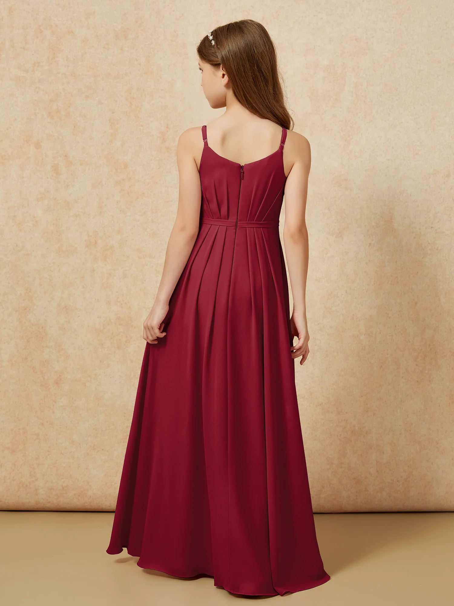 V-neck Spaghetti Straps Chiffon Junior Bridesmaid Dresses Burgundy - Image 2