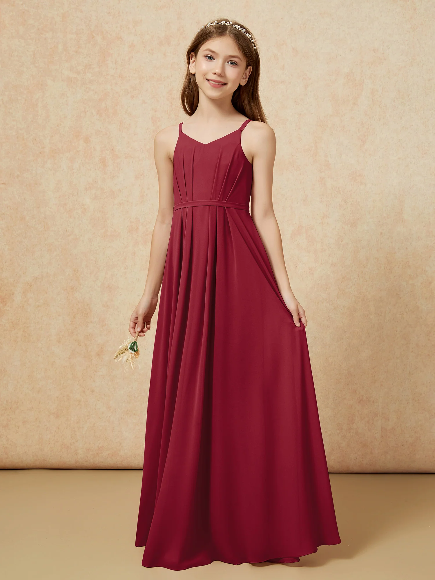 V-neck Spaghetti Straps Chiffon Junior Bridesmaid Dresses Burgundy - Image 3