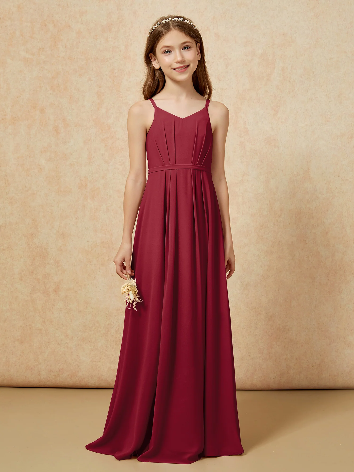 V-neck Spaghetti Straps Chiffon Junior Bridesmaid Dresses Burgundy - Image 4