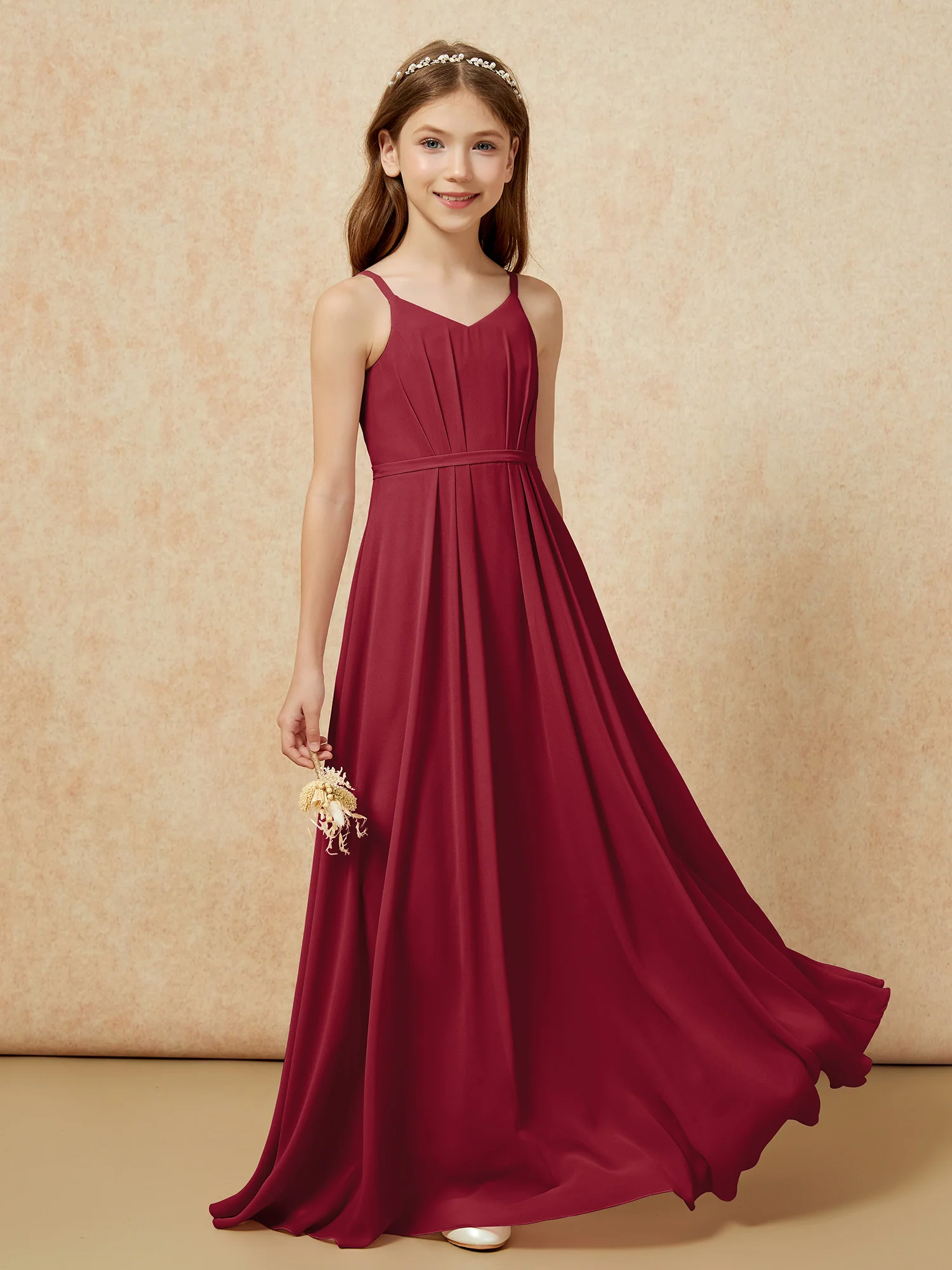 V-neck Spaghetti Straps Chiffon Junior Bridesmaid Dresses Burgundy - Image 5