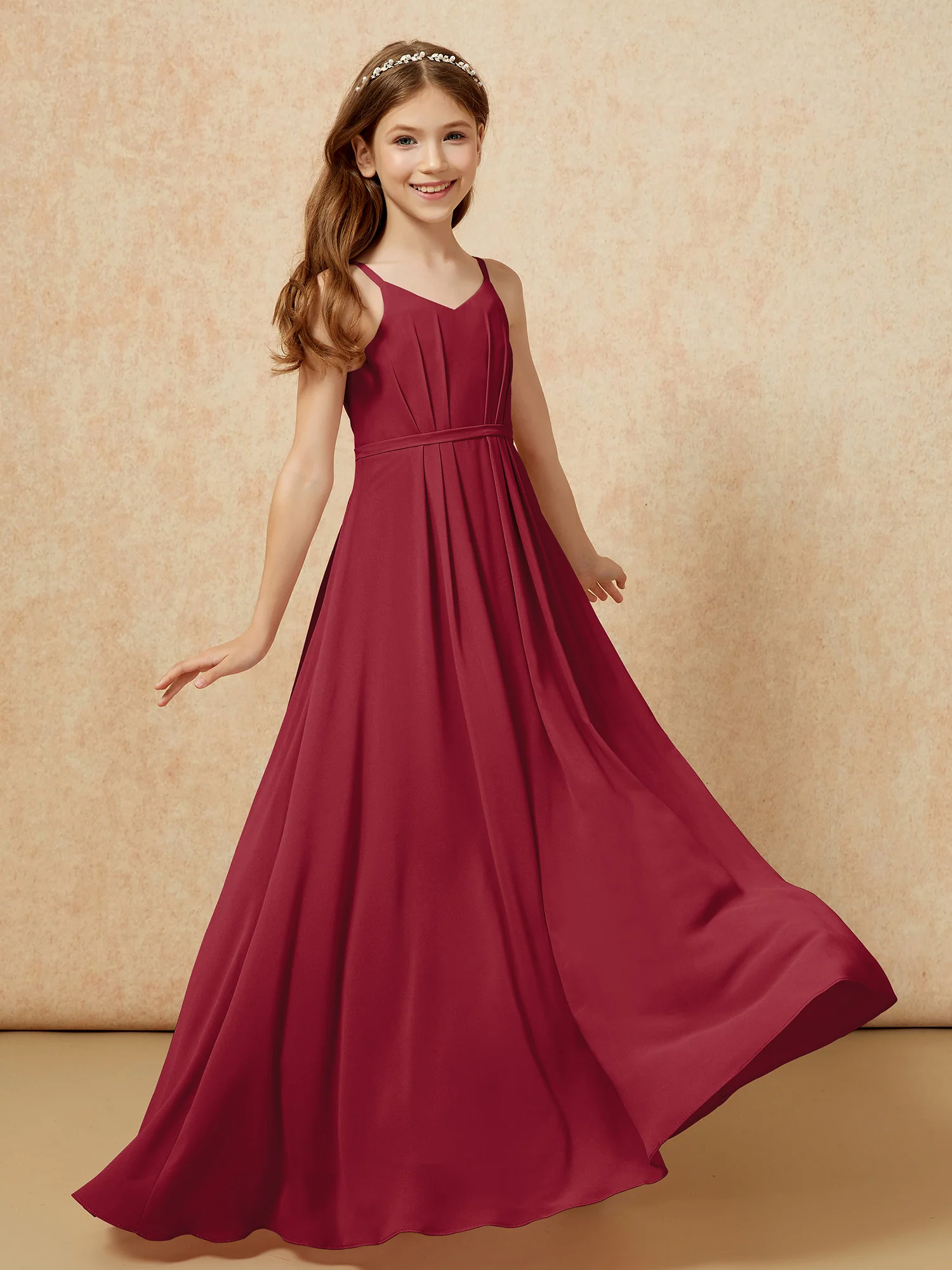 V-neck Spaghetti Straps Chiffon Junior Bridesmaid Dresses Burgundy - Image 6