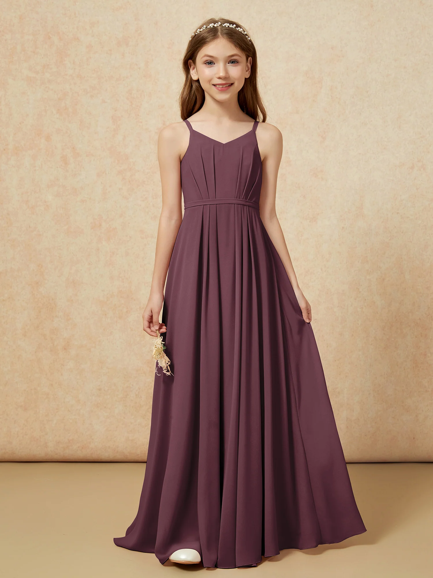 V-neck Spaghetti Straps Chiffon Junior Bridesmaid Dresses Cabernet