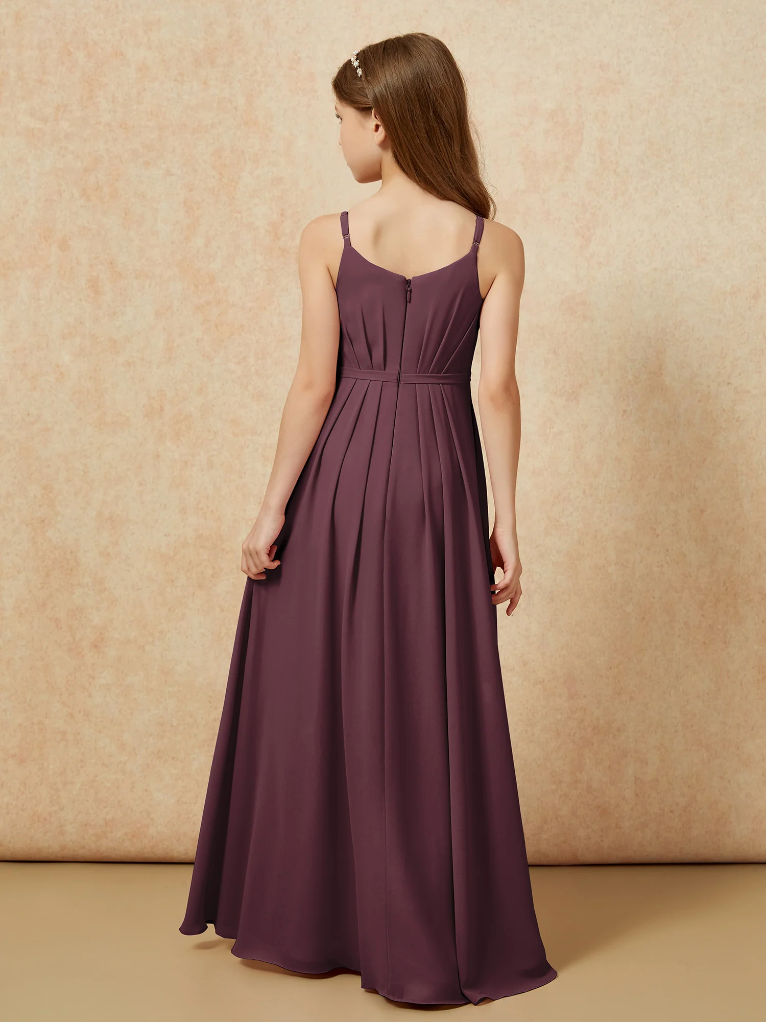 V-neck Spaghetti Straps Chiffon Junior Bridesmaid Dresses Cabernet - Image 2