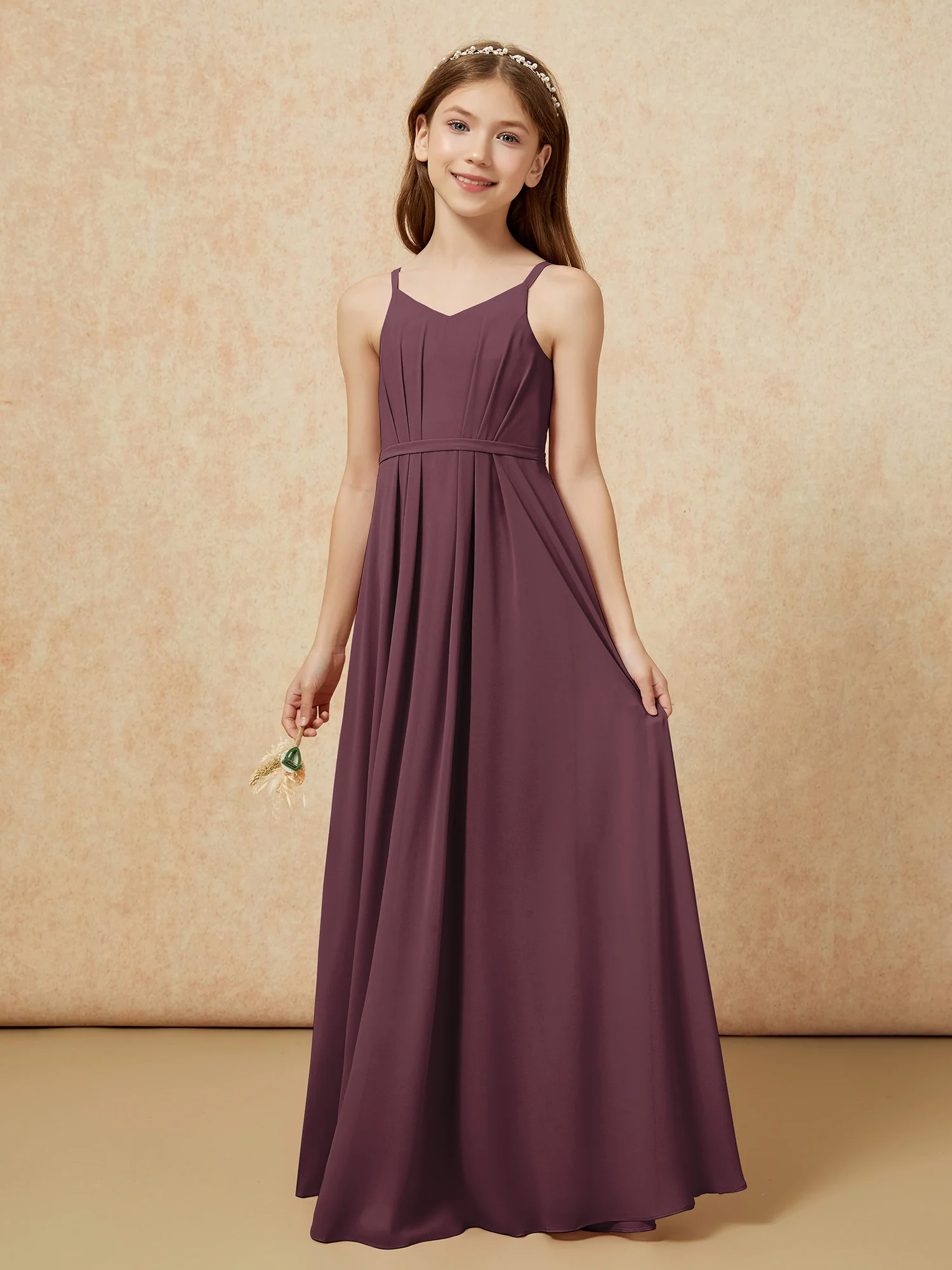 V-neck Spaghetti Straps Chiffon Junior Bridesmaid Dresses Cabernet - Image 3