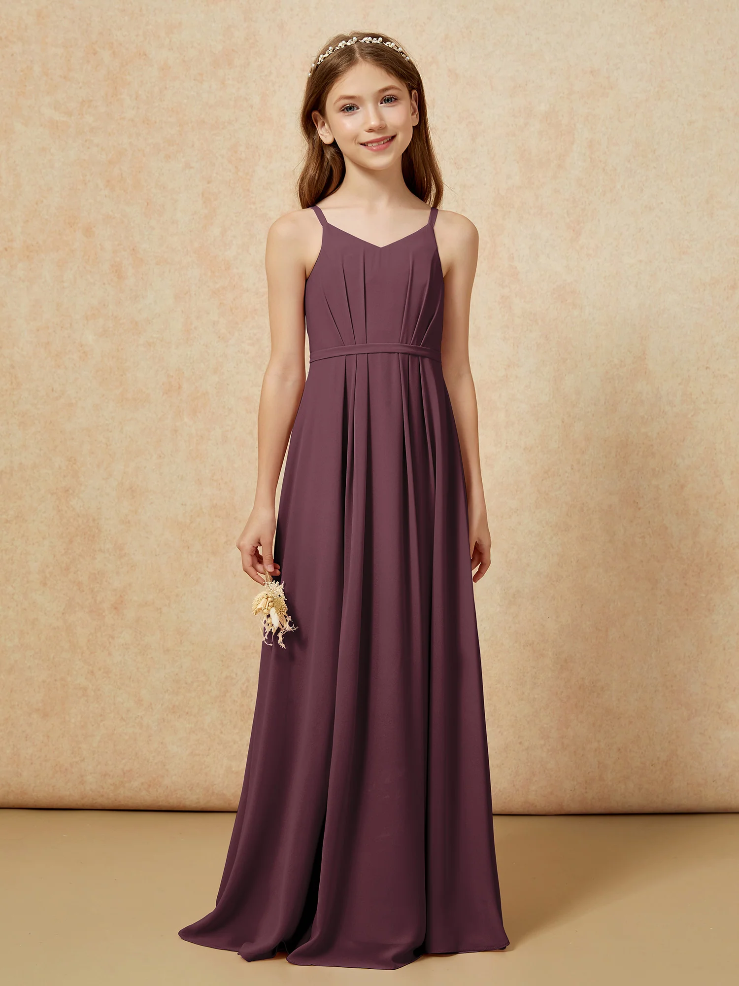 V-neck Spaghetti Straps Chiffon Junior Bridesmaid Dresses Cabernet - Image 4