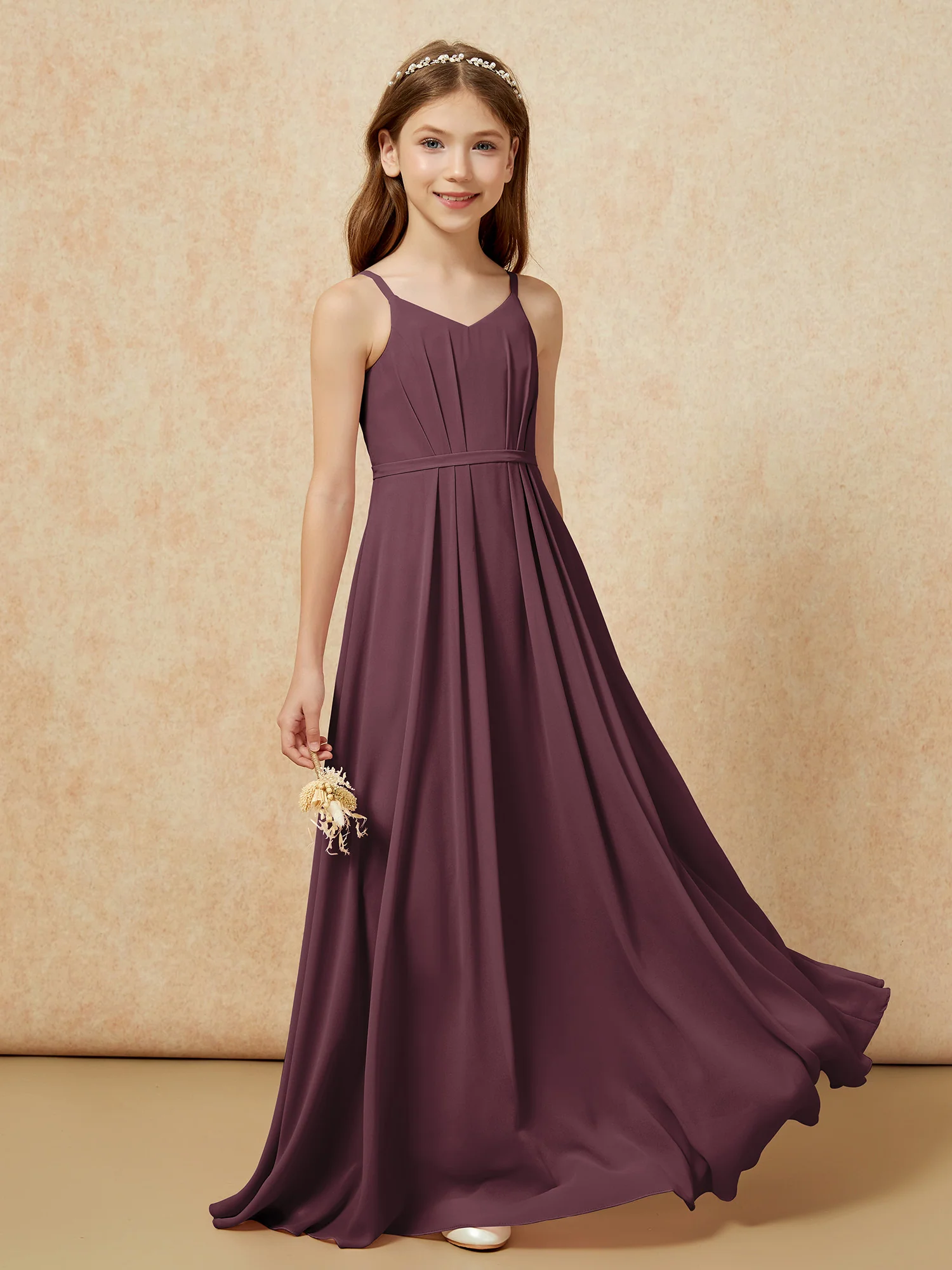 V-neck Spaghetti Straps Chiffon Junior Bridesmaid Dresses Cabernet - Image 5
