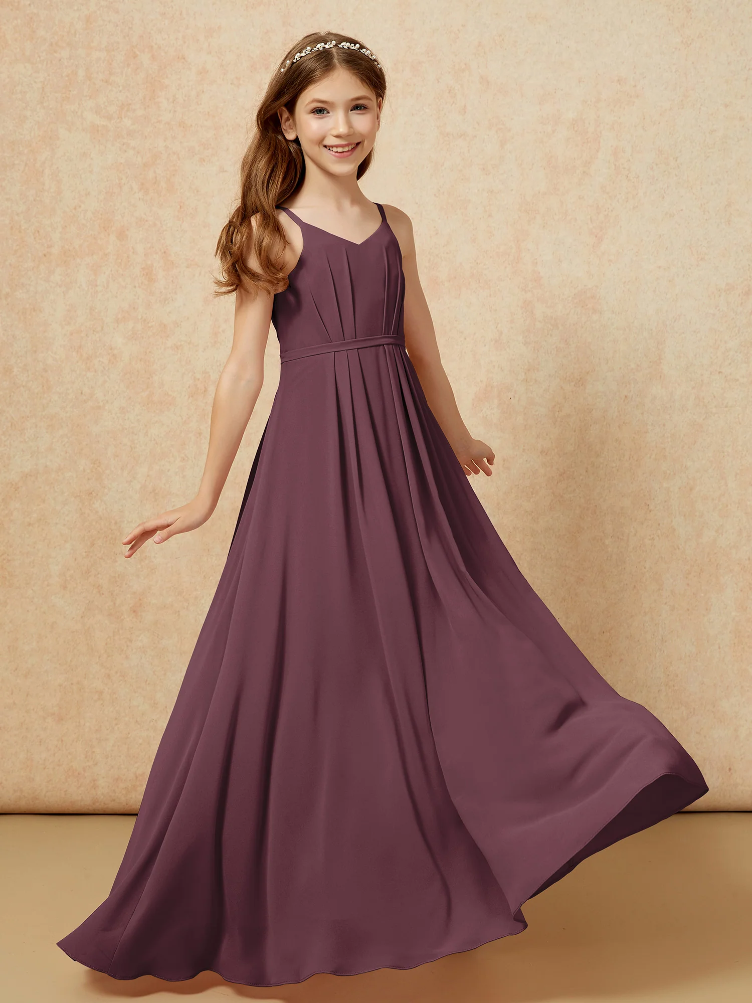 V-neck Spaghetti Straps Chiffon Junior Bridesmaid Dresses Cabernet - Image 6