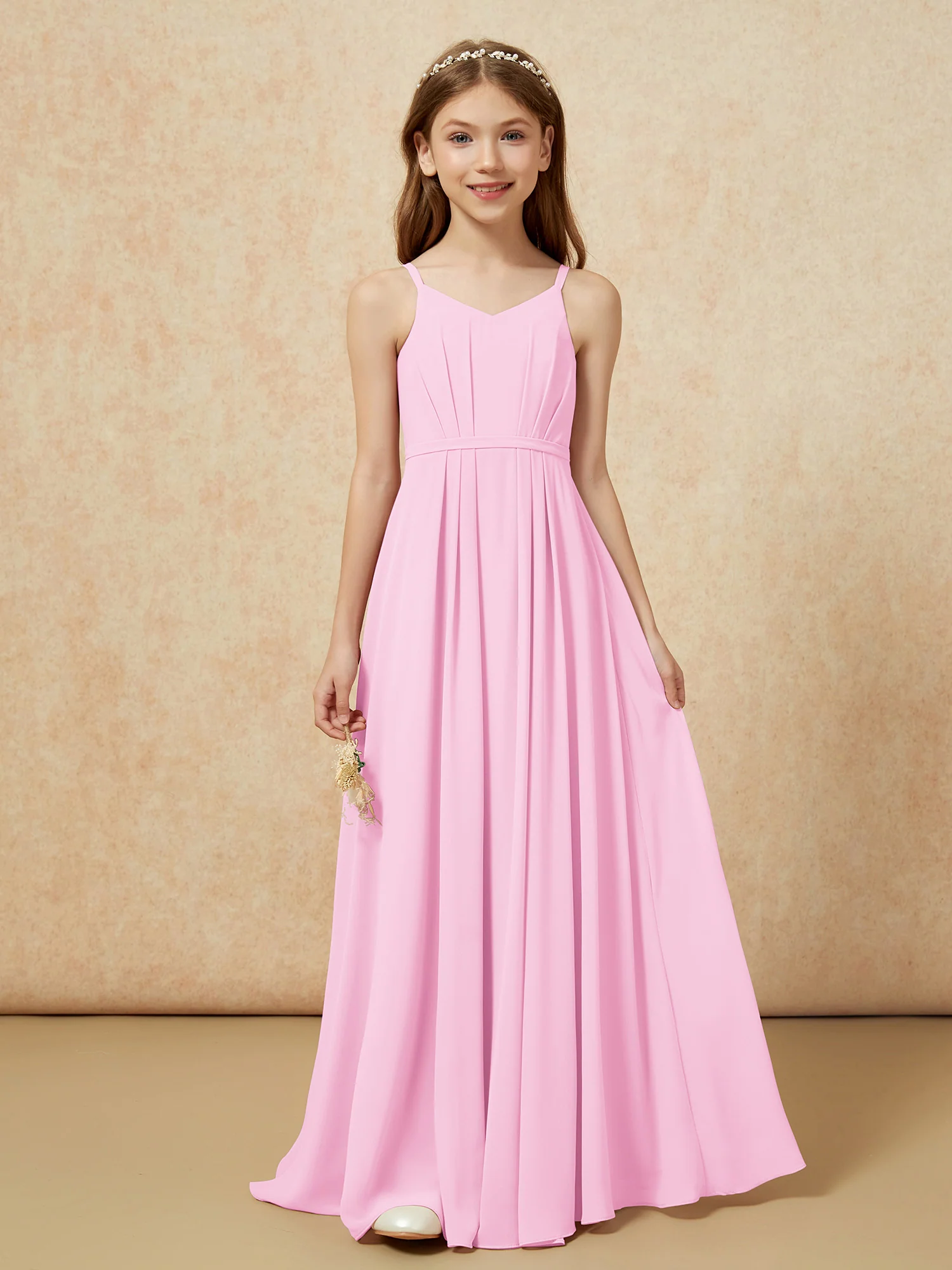 V-neck Spaghetti Straps Chiffon Junior Bridesmaid Dresses Candy Pink