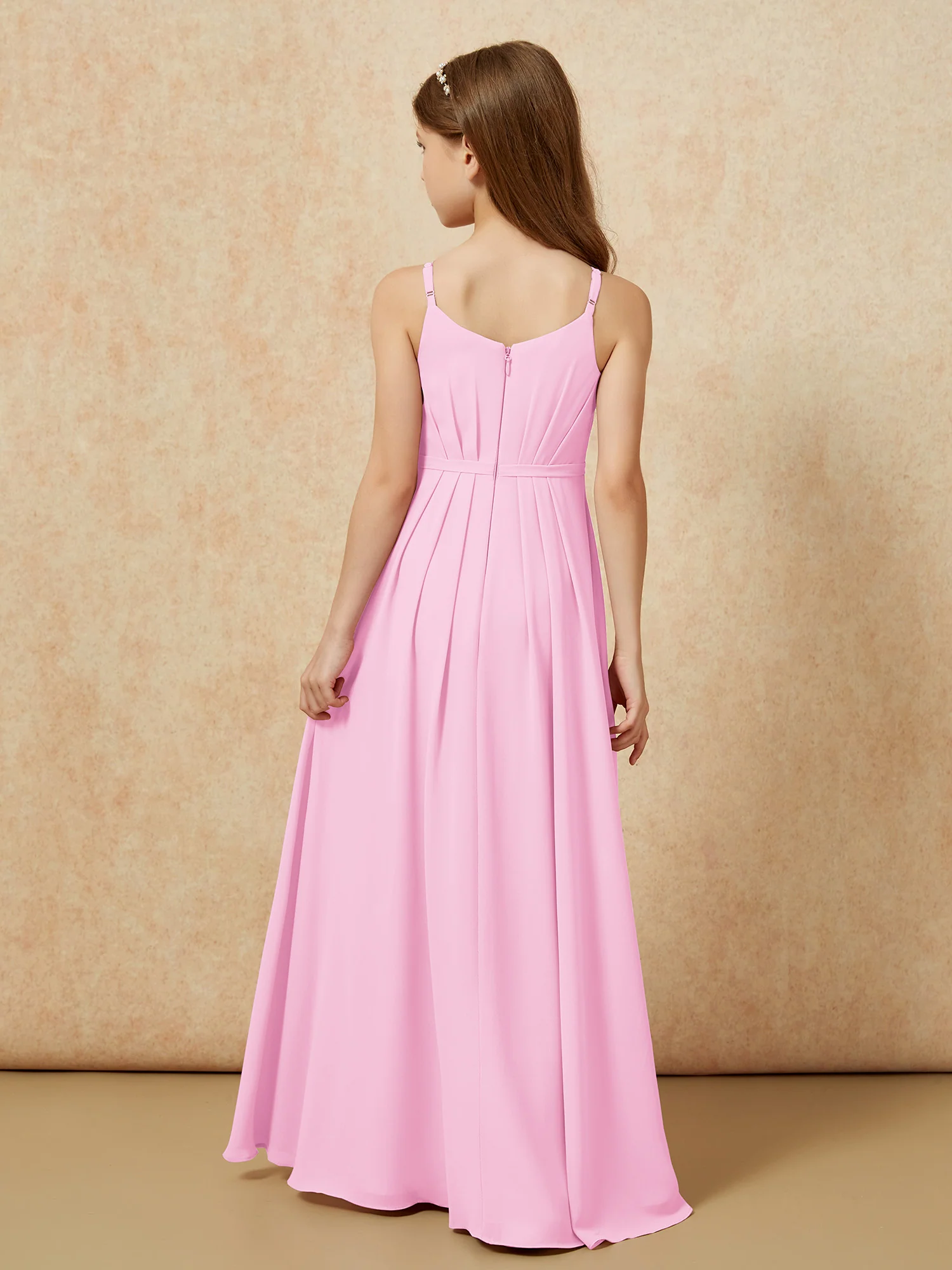 V-neck Spaghetti Straps Chiffon Junior Bridesmaid Dresses Candy Pink - Image 2