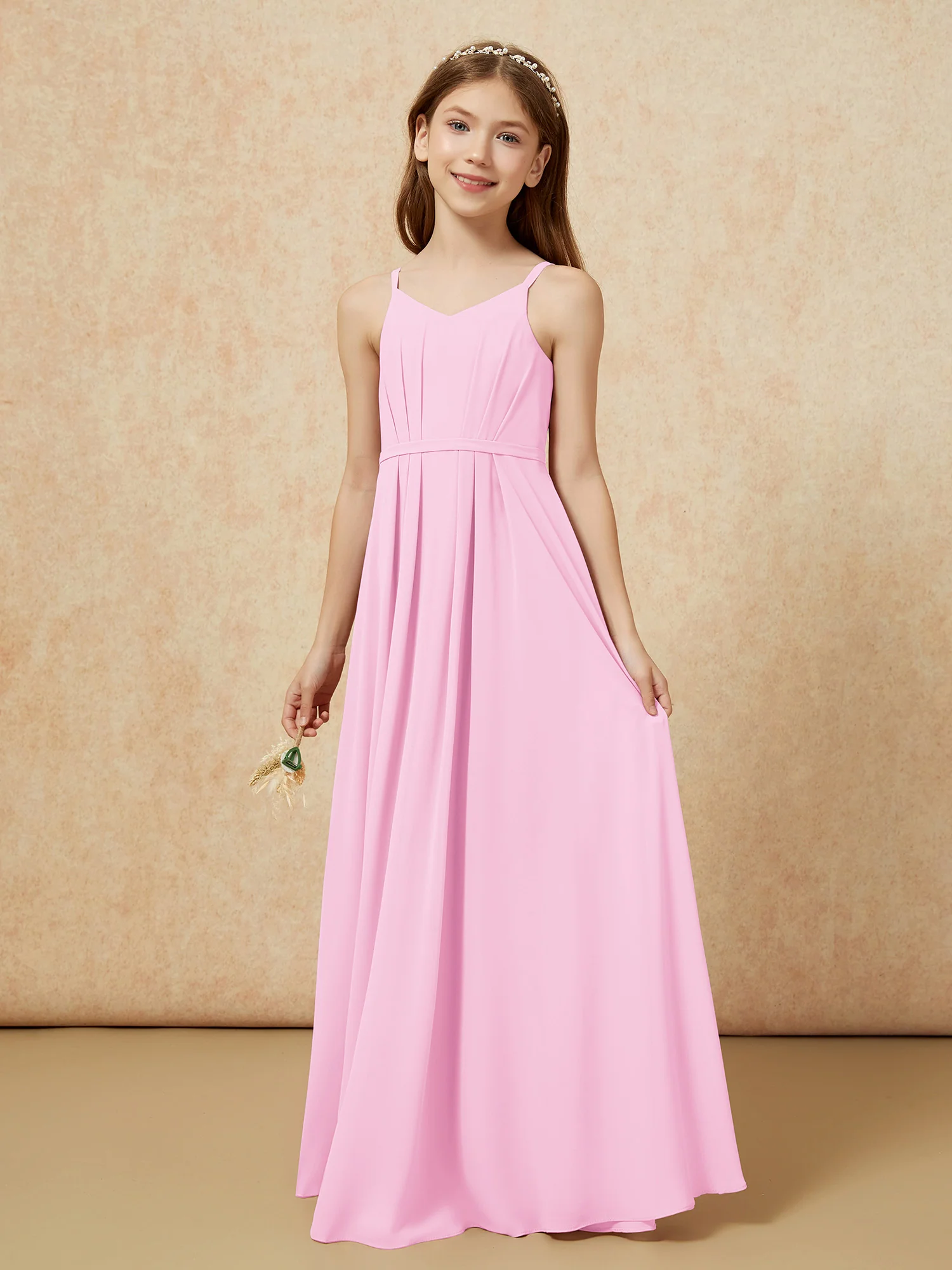 V-neck Spaghetti Straps Chiffon Junior Bridesmaid Dresses Candy Pink - Image 3