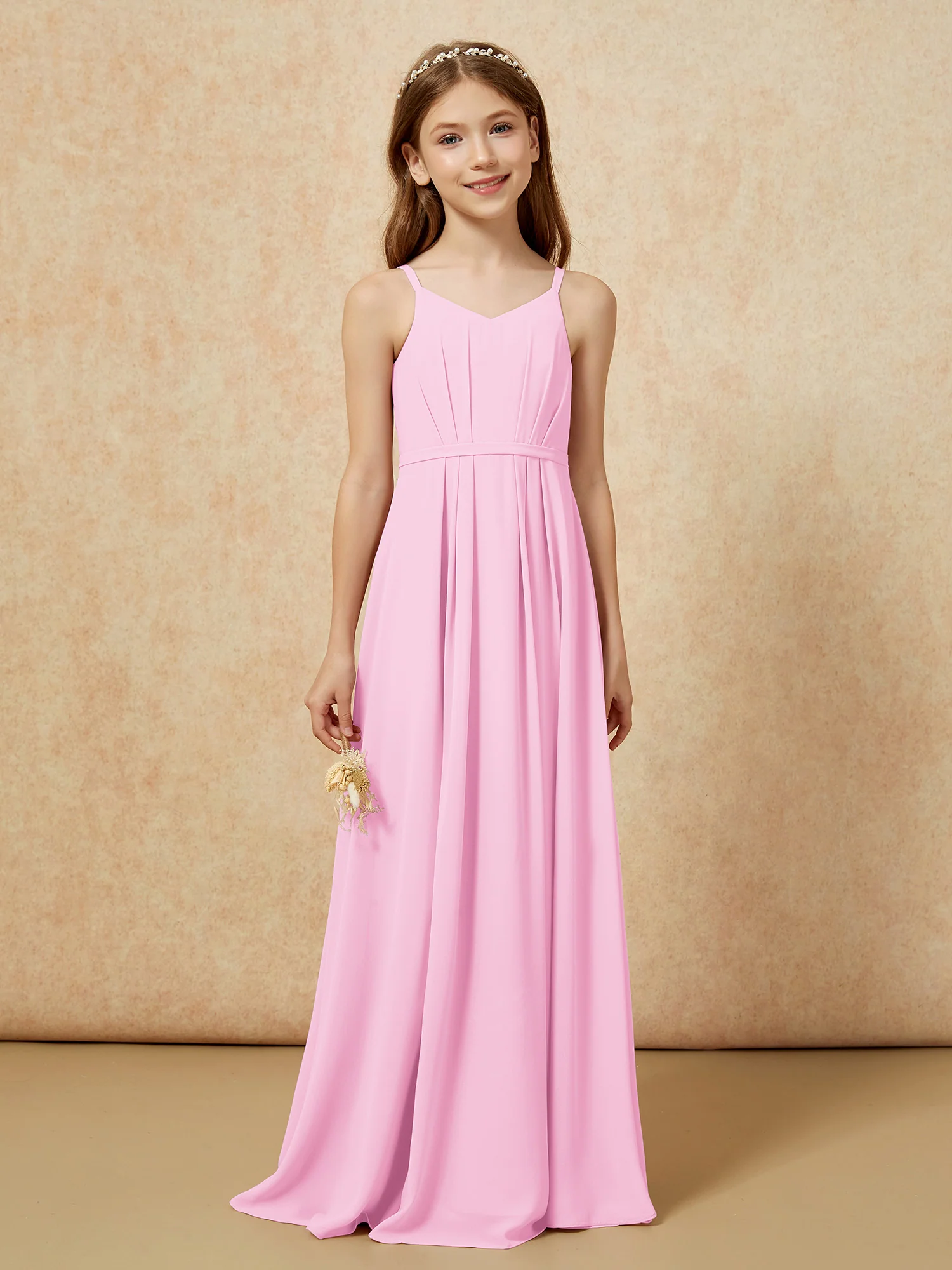 V-neck Spaghetti Straps Chiffon Junior Bridesmaid Dresses Candy Pink - Image 4