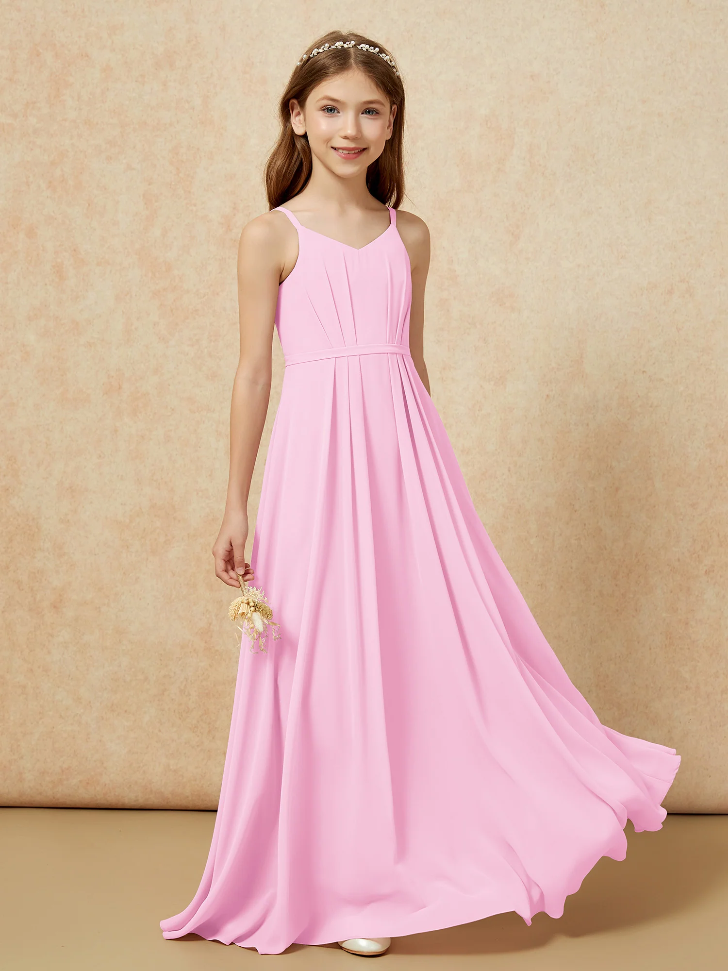 V-neck Spaghetti Straps Chiffon Junior Bridesmaid Dresses Candy Pink - Image 5