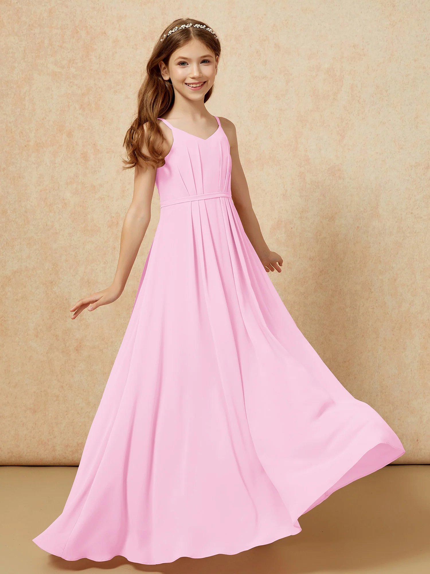 V-neck Spaghetti Straps Chiffon Junior Bridesmaid Dresses Candy Pink - Image 6