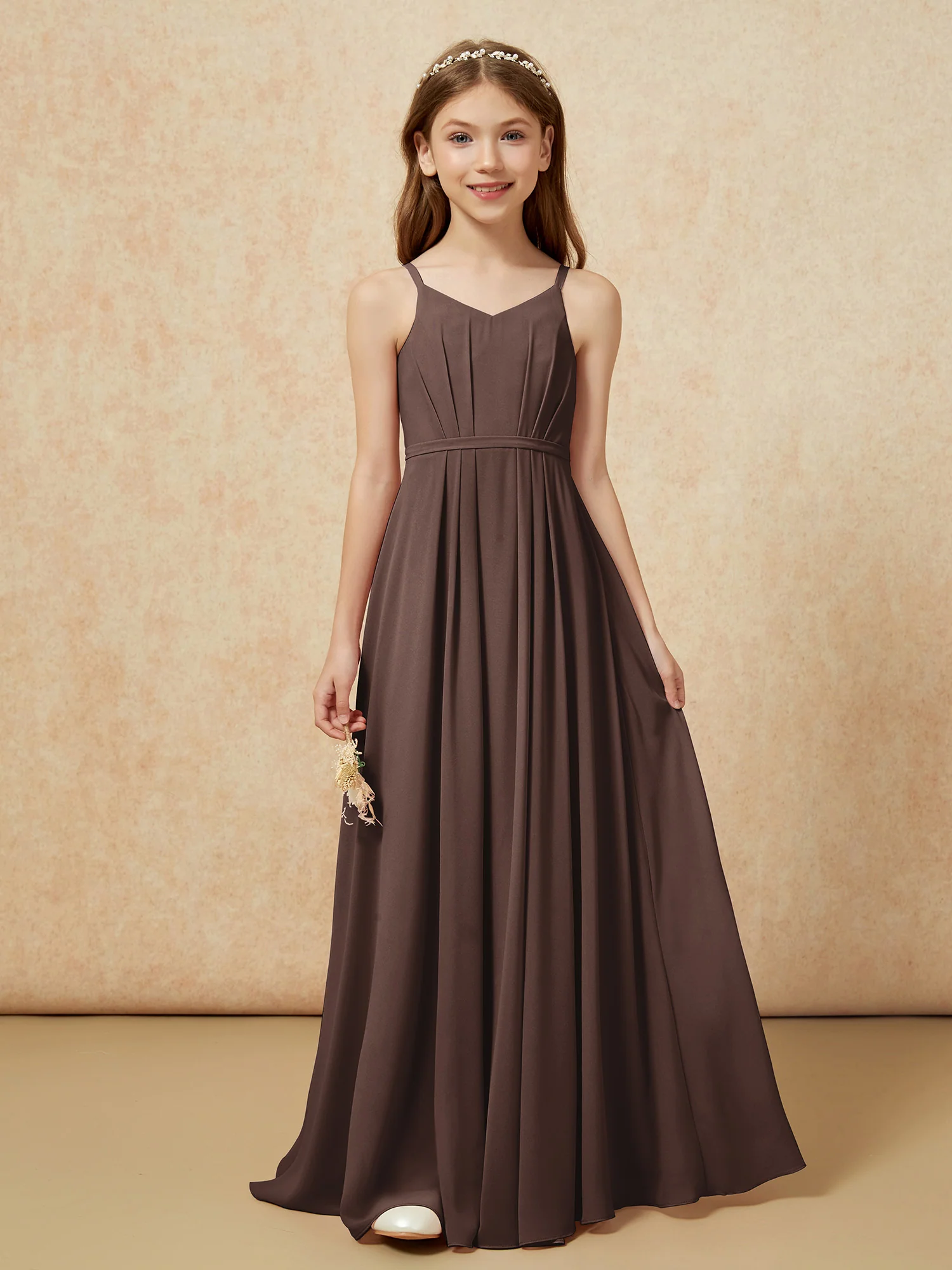 V-neck Spaghetti Straps Chiffon Junior Bridesmaid Dresses Chocolate