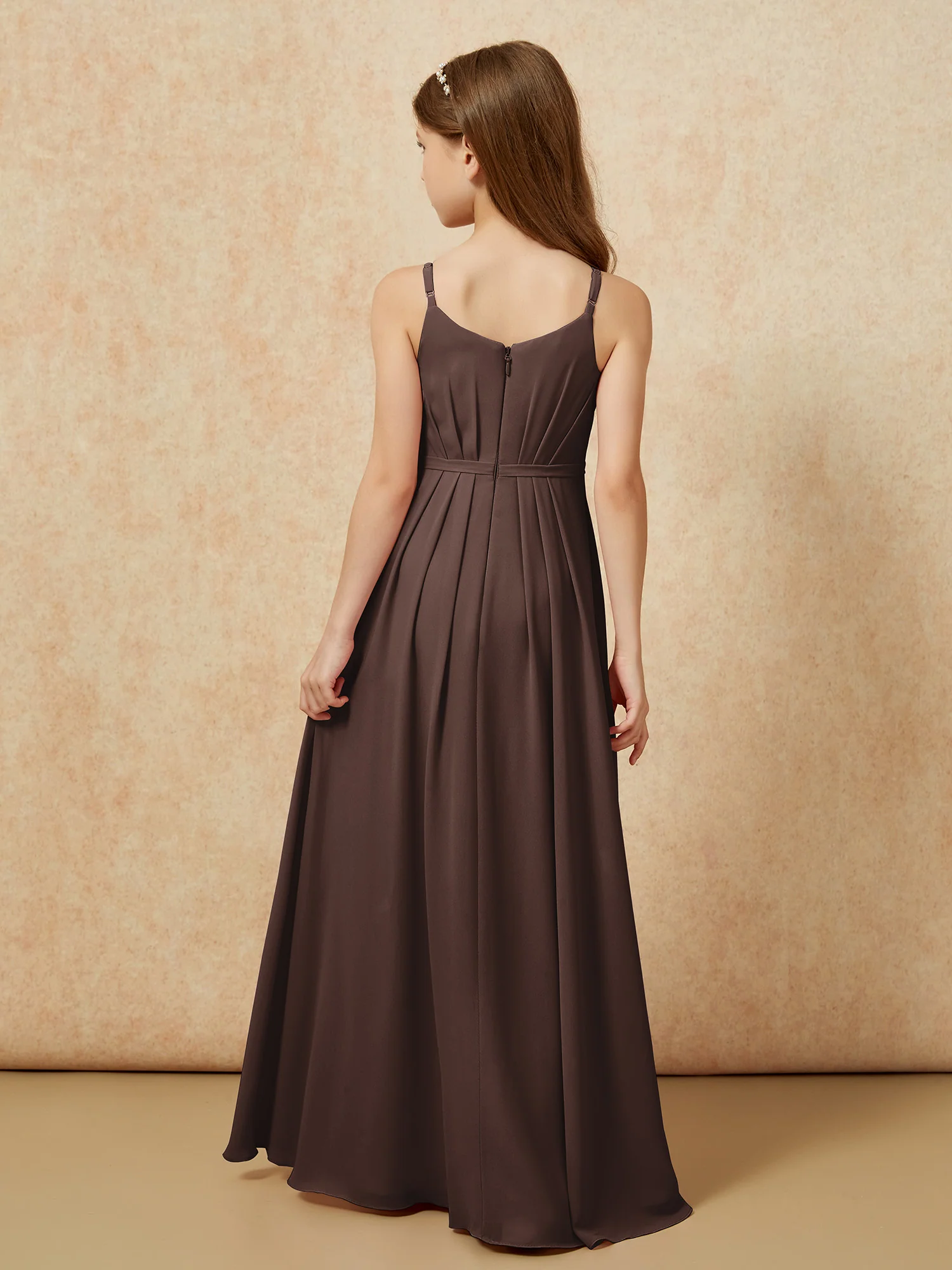 V-neck Spaghetti Straps Chiffon Junior Bridesmaid Dresses Chocolate - Image 2