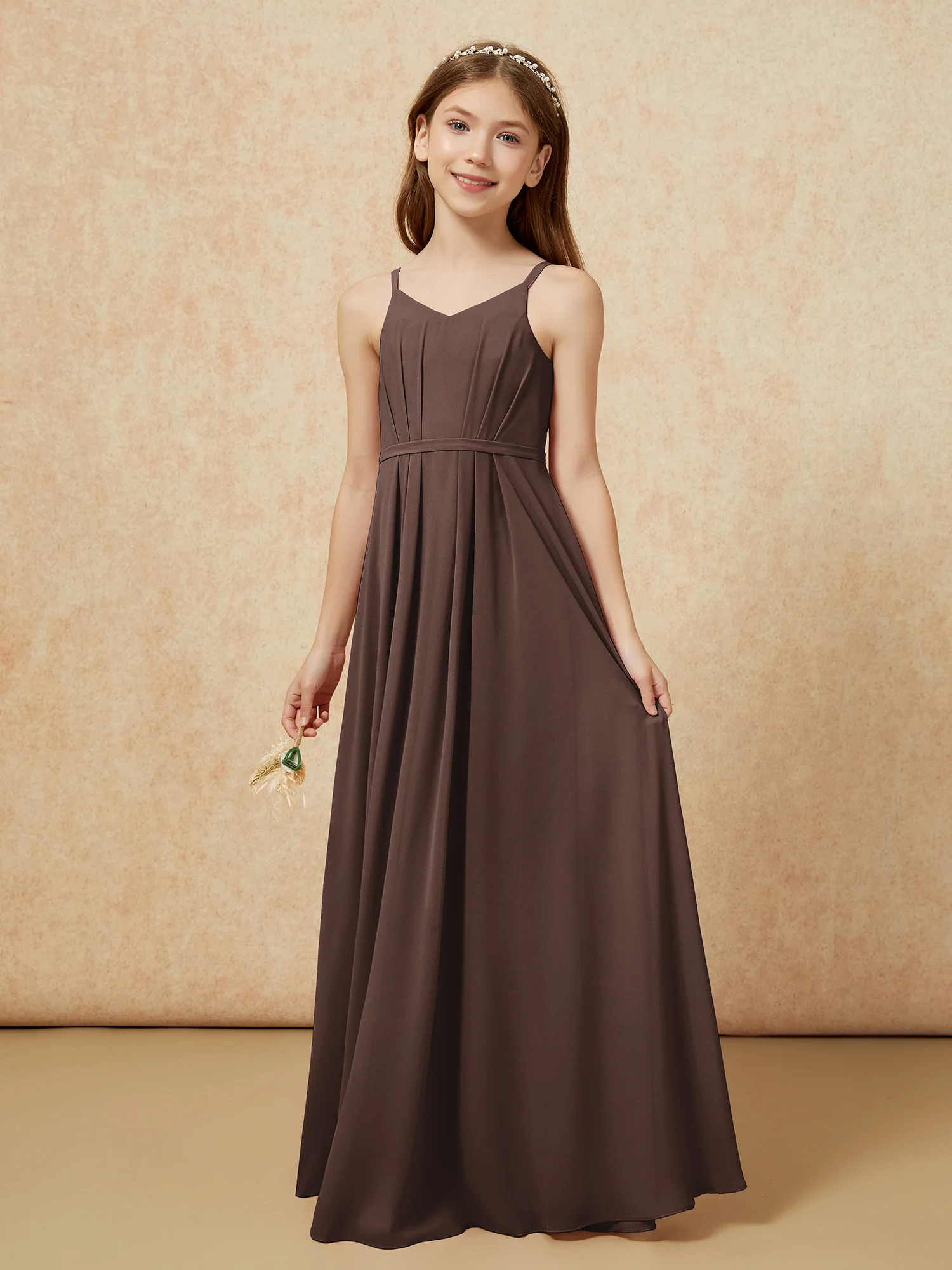V-neck Spaghetti Straps Chiffon Junior Bridesmaid Dresses Chocolate - Image 3