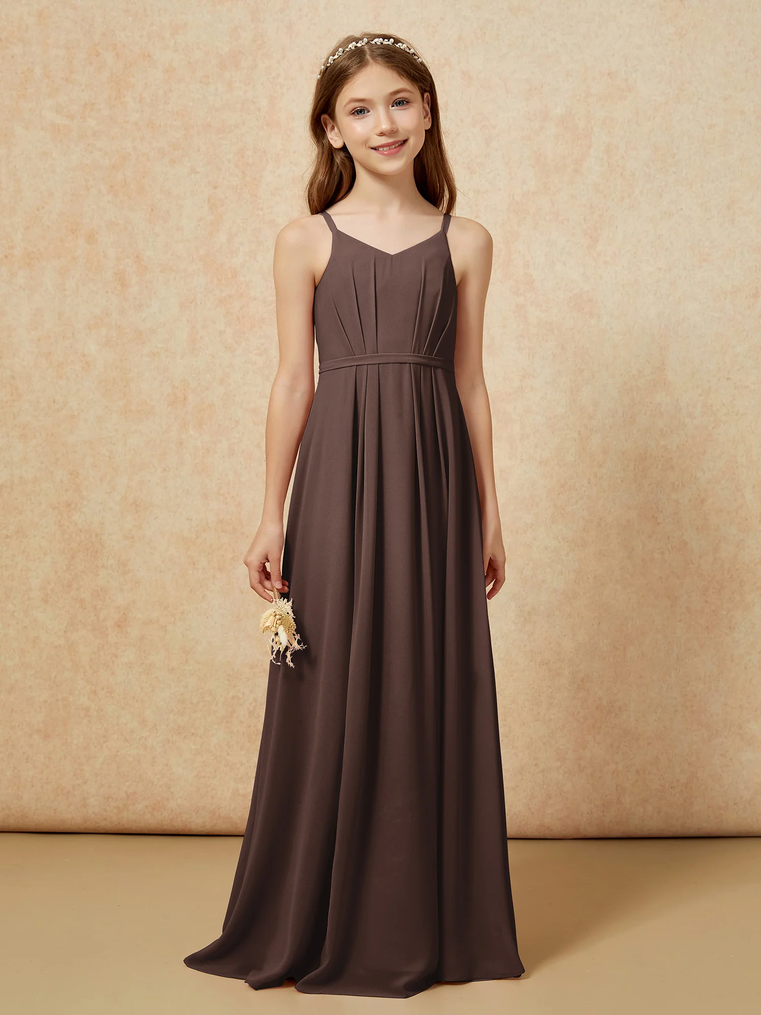 V-neck Spaghetti Straps Chiffon Junior Bridesmaid Dresses Chocolate - Image 4