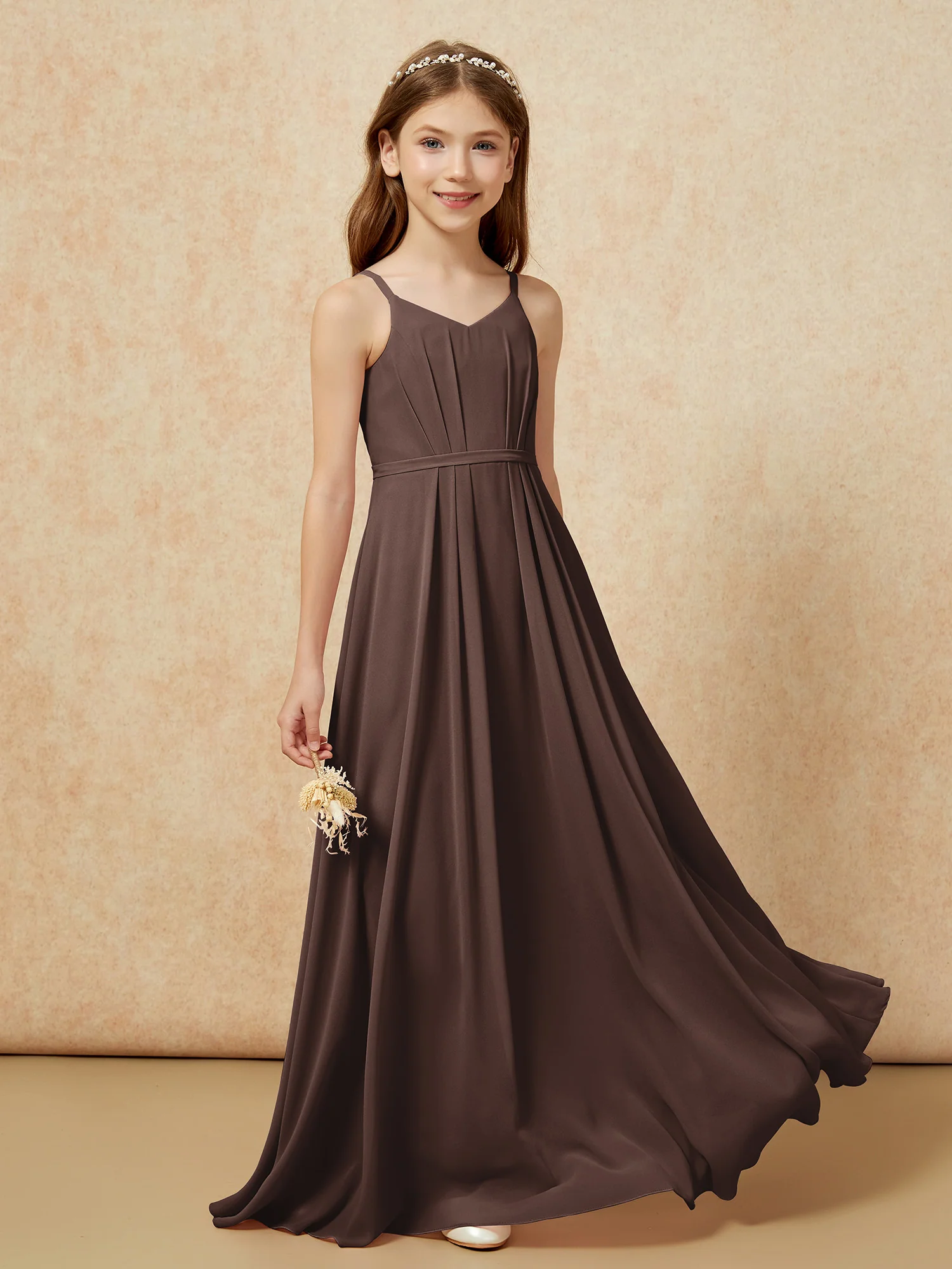V-neck Spaghetti Straps Chiffon Junior Bridesmaid Dresses Chocolate - Image 5