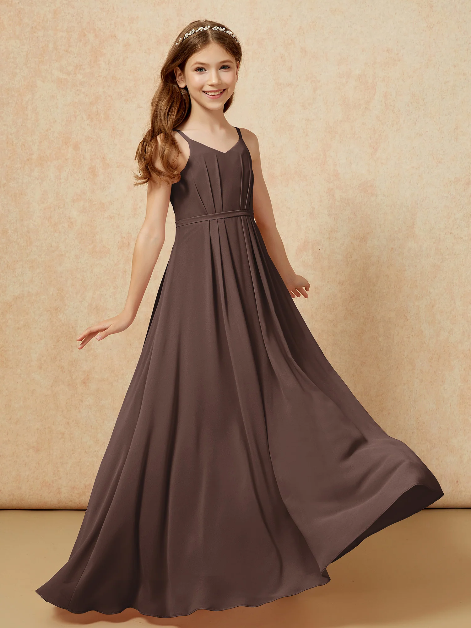 V-neck Spaghetti Straps Chiffon Junior Bridesmaid Dresses Chocolate - Image 6
