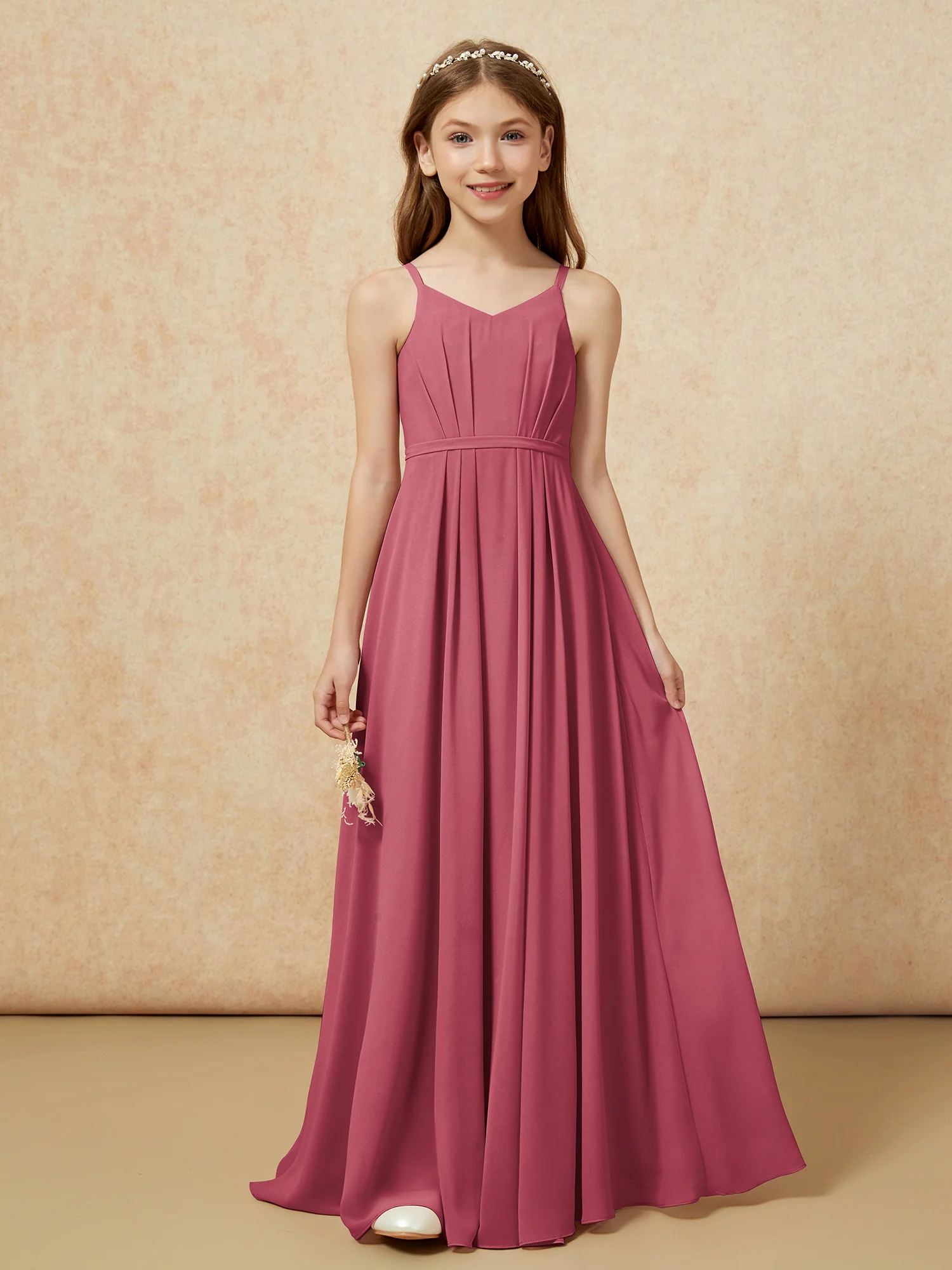 V-neck Spaghetti Straps Chiffon Junior Bridesmaid Dresses Cinnamon Rose
