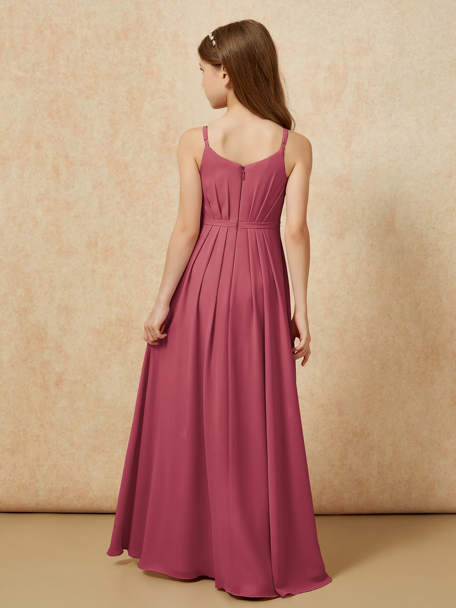 V-neck Spaghetti Straps Chiffon Junior Bridesmaid Dresses Cinnamon Rose - Image 2