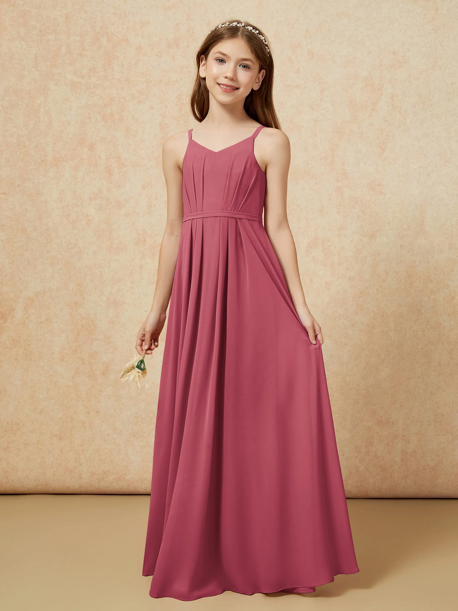 V-neck Spaghetti Straps Chiffon Junior Bridesmaid Dresses Cinnamon Rose - Image 3
