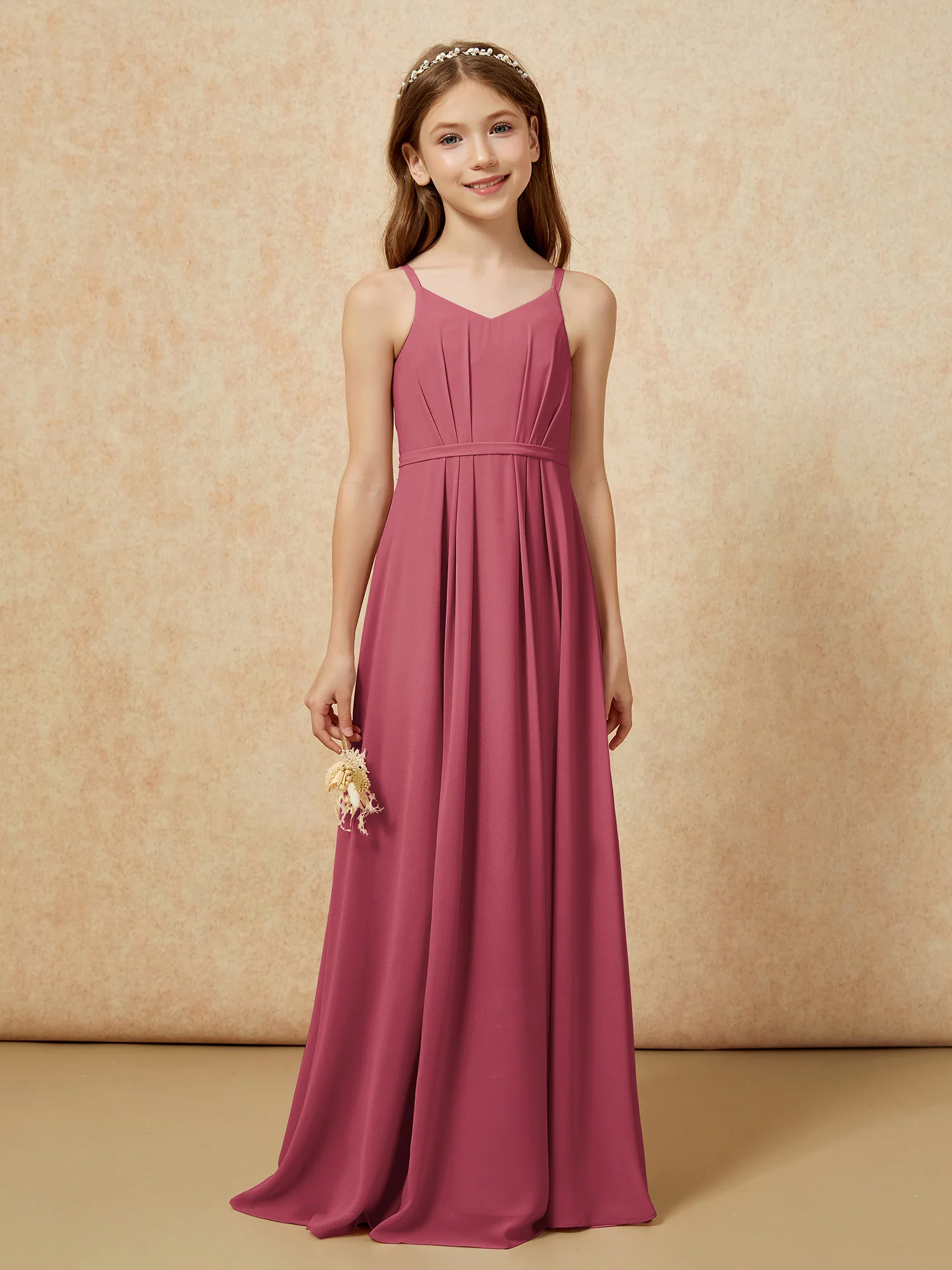 V-neck Spaghetti Straps Chiffon Junior Bridesmaid Dresses Cinnamon Rose - Image 4