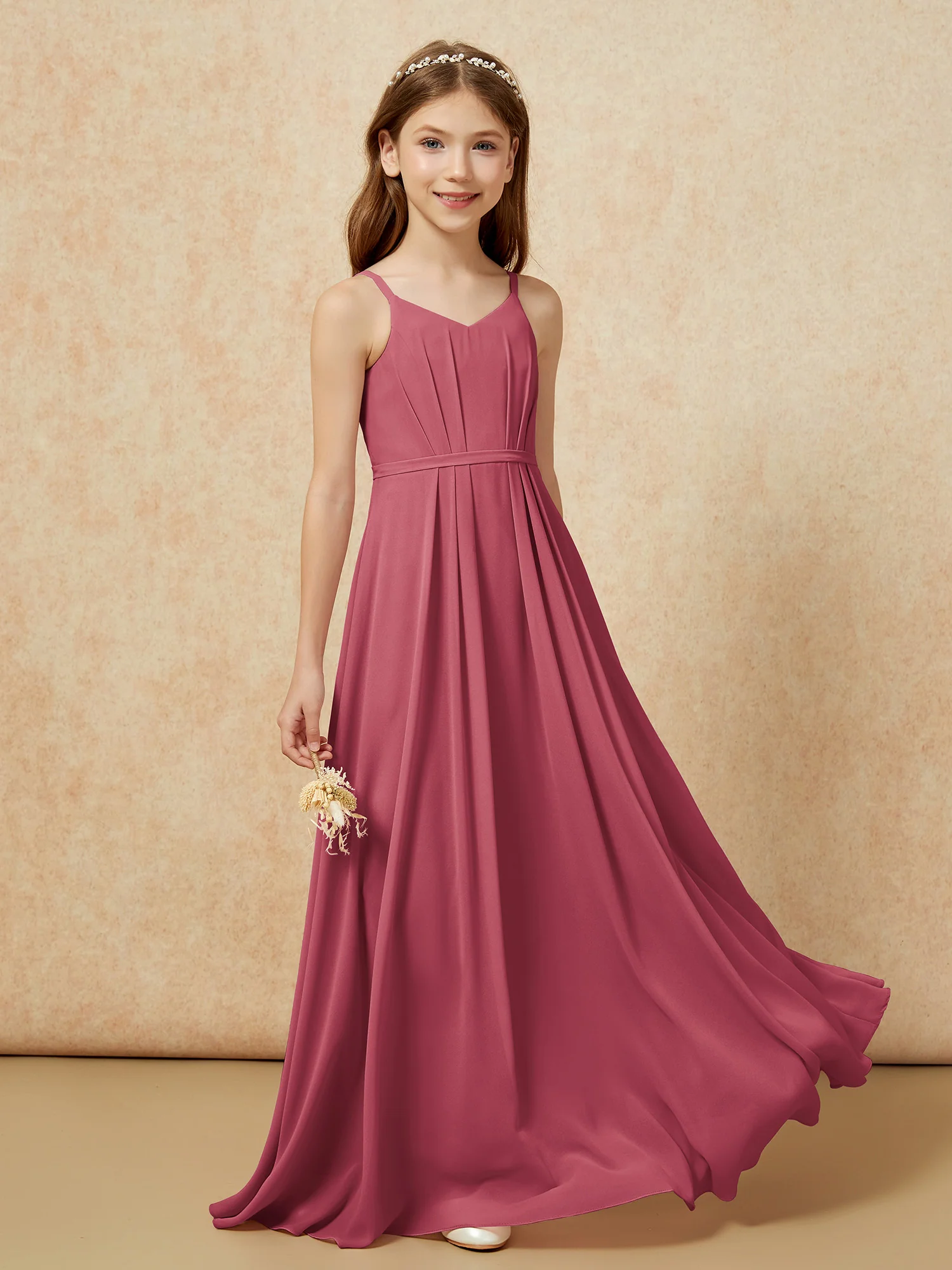 V-neck Spaghetti Straps Chiffon Junior Bridesmaid Dresses Cinnamon Rose - Image 5