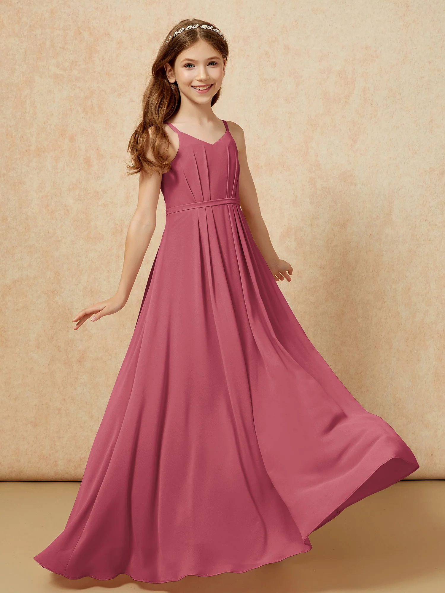 V-neck Spaghetti Straps Chiffon Junior Bridesmaid Dresses Cinnamon Rose - Image 6