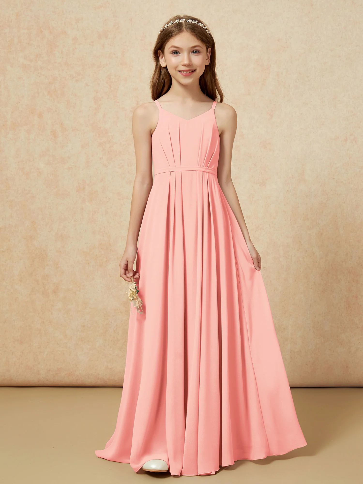 V-neck Spaghetti Straps Chiffon Junior Bridesmaid Dresses Coral