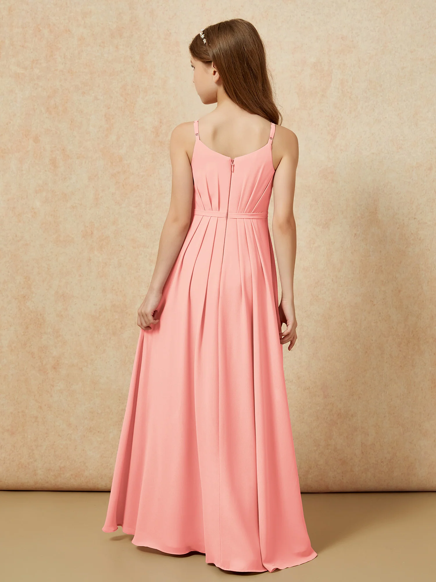 V-neck Spaghetti Straps Chiffon Junior Bridesmaid Dresses Coral - Image 2