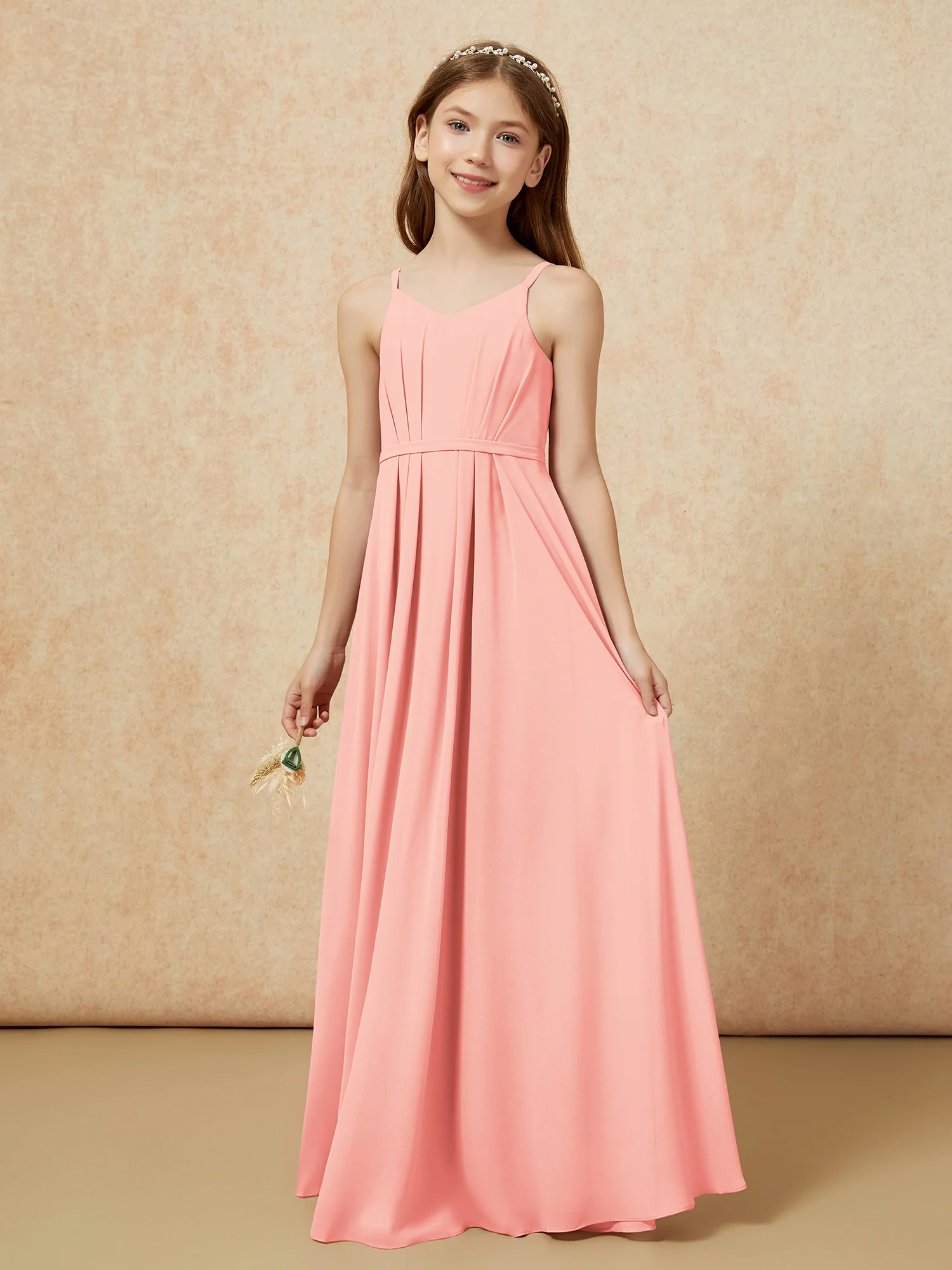 V-neck Spaghetti Straps Chiffon Junior Bridesmaid Dresses Coral - Image 3